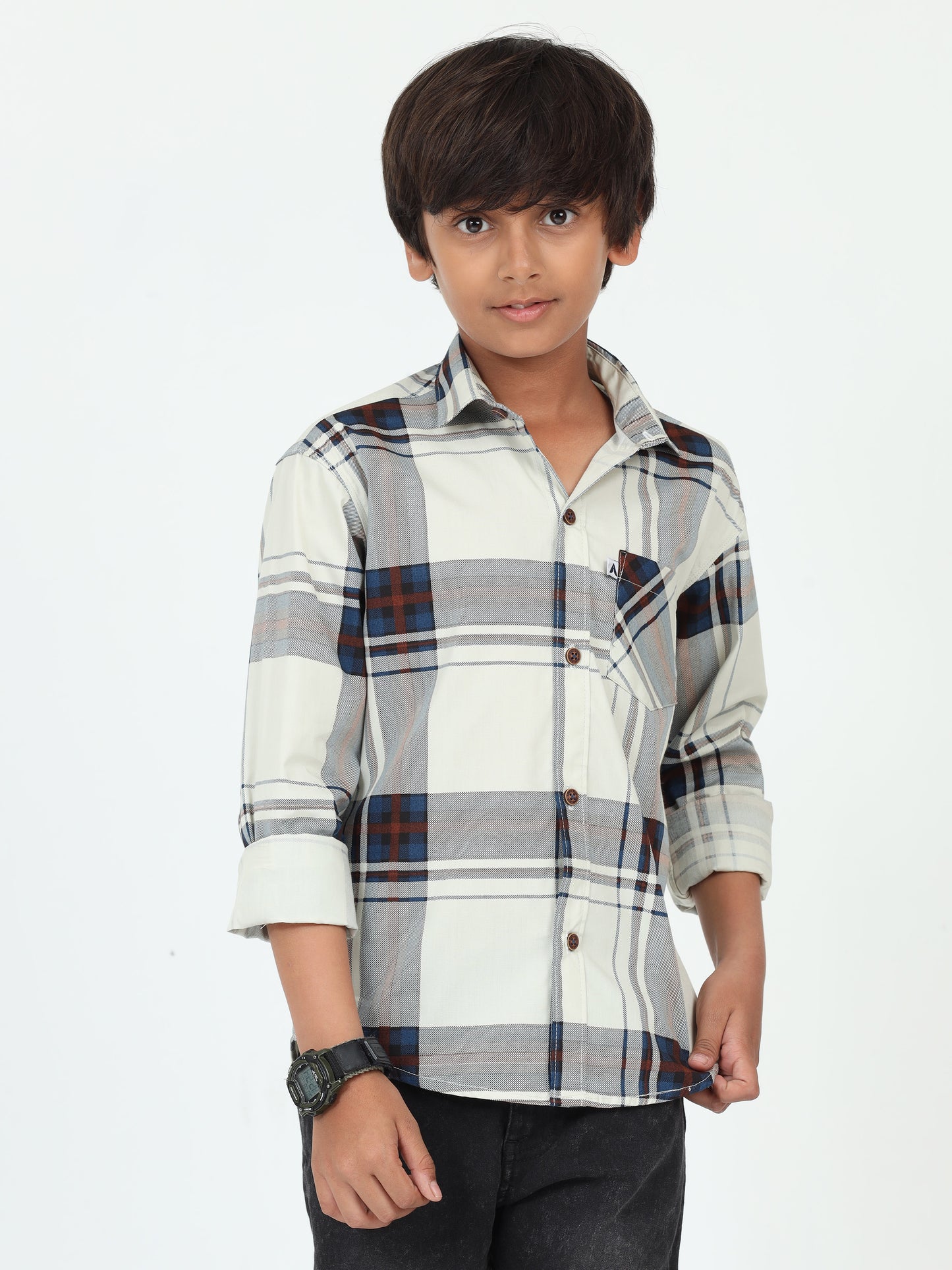 Green Broadchecks Cotton Blend Boys Shirt Pattern