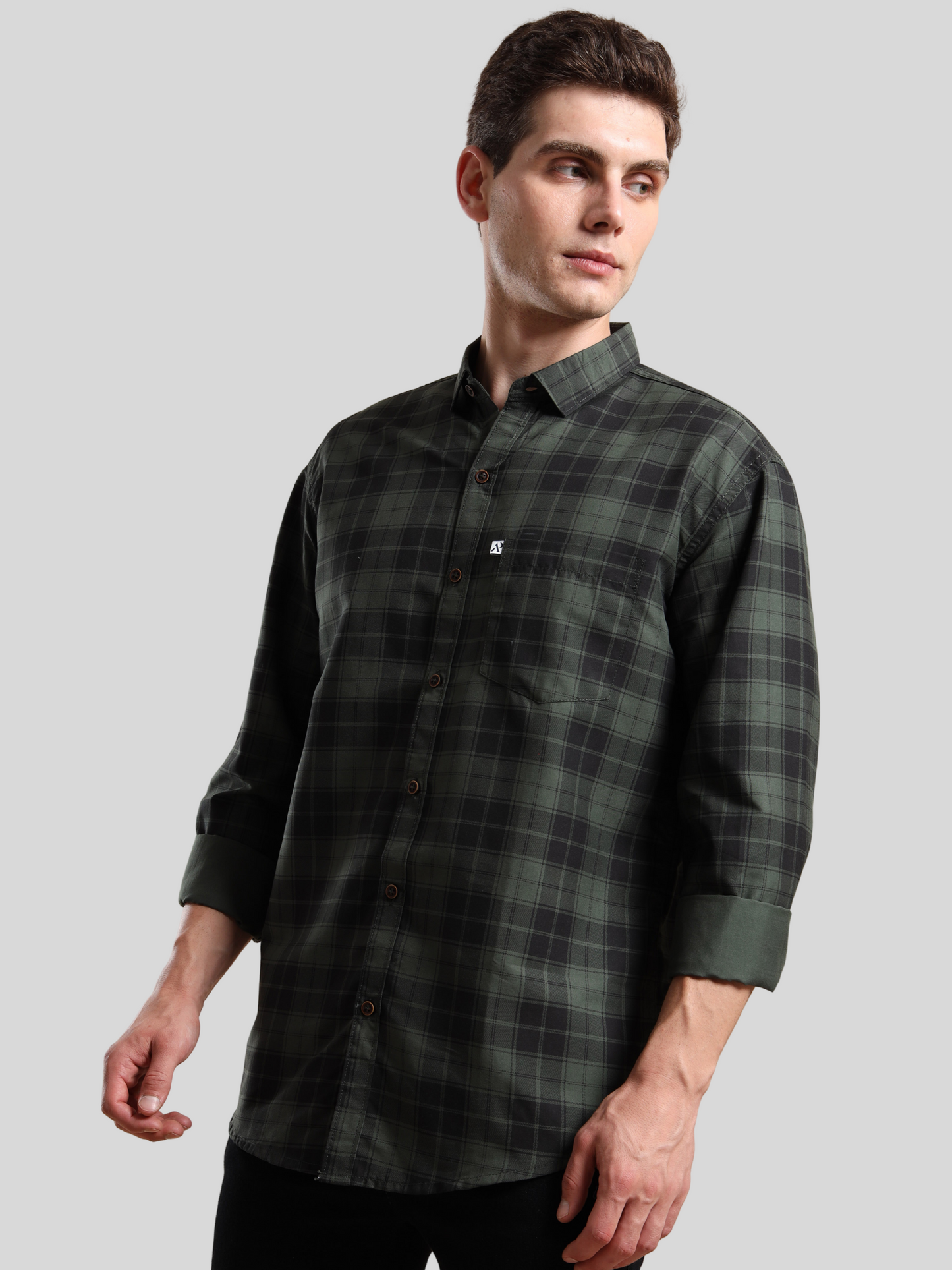 Men, green checked casual shirt with front pocket and button-down design