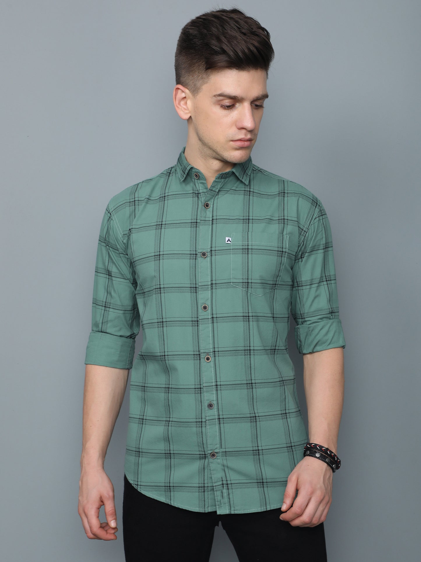 6line Green Full Sleeve Cotton Mens Plaid Shirt 
