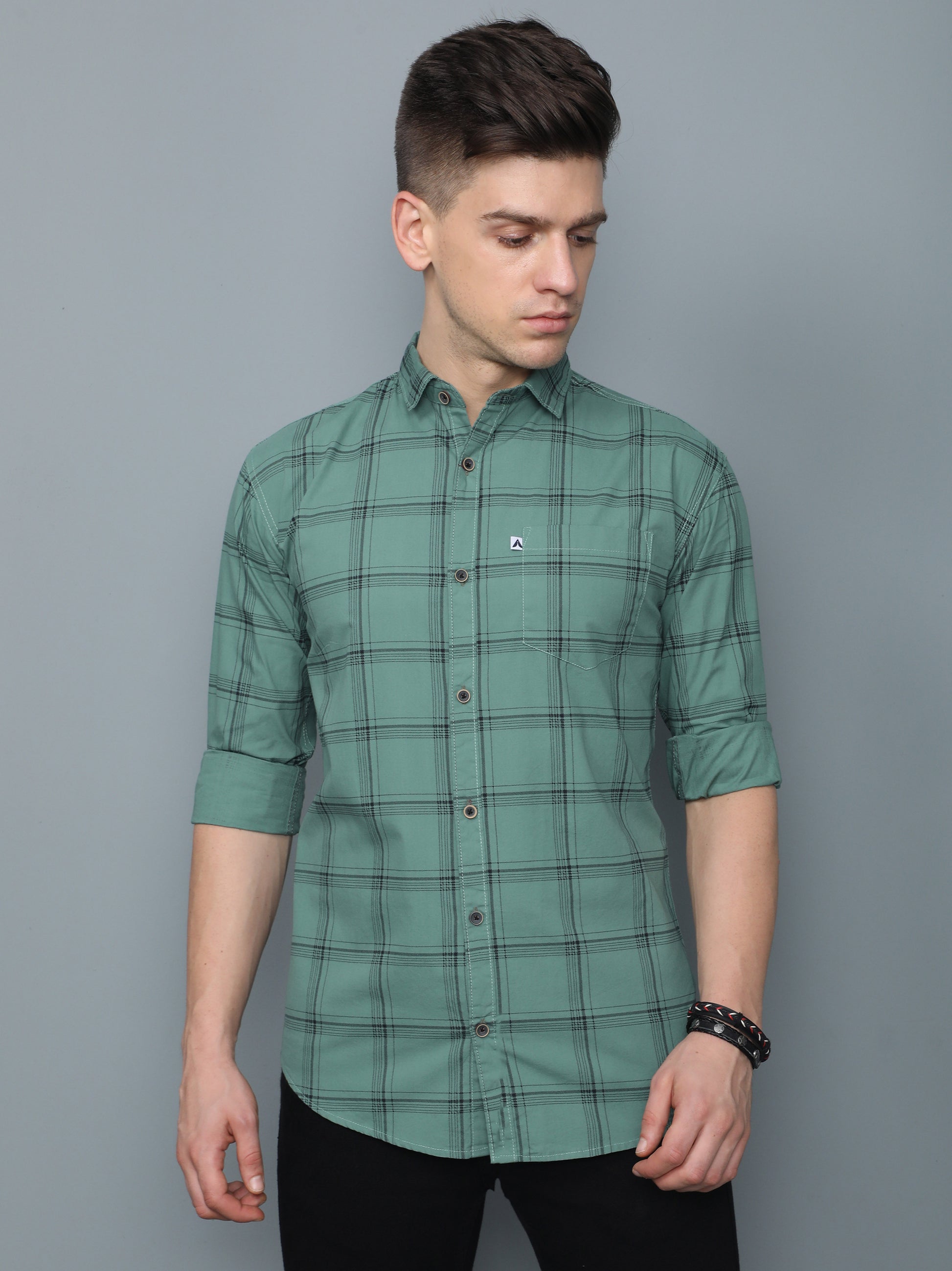 6line Green Full Sleeve Cotton Mens Plaid Shirt 