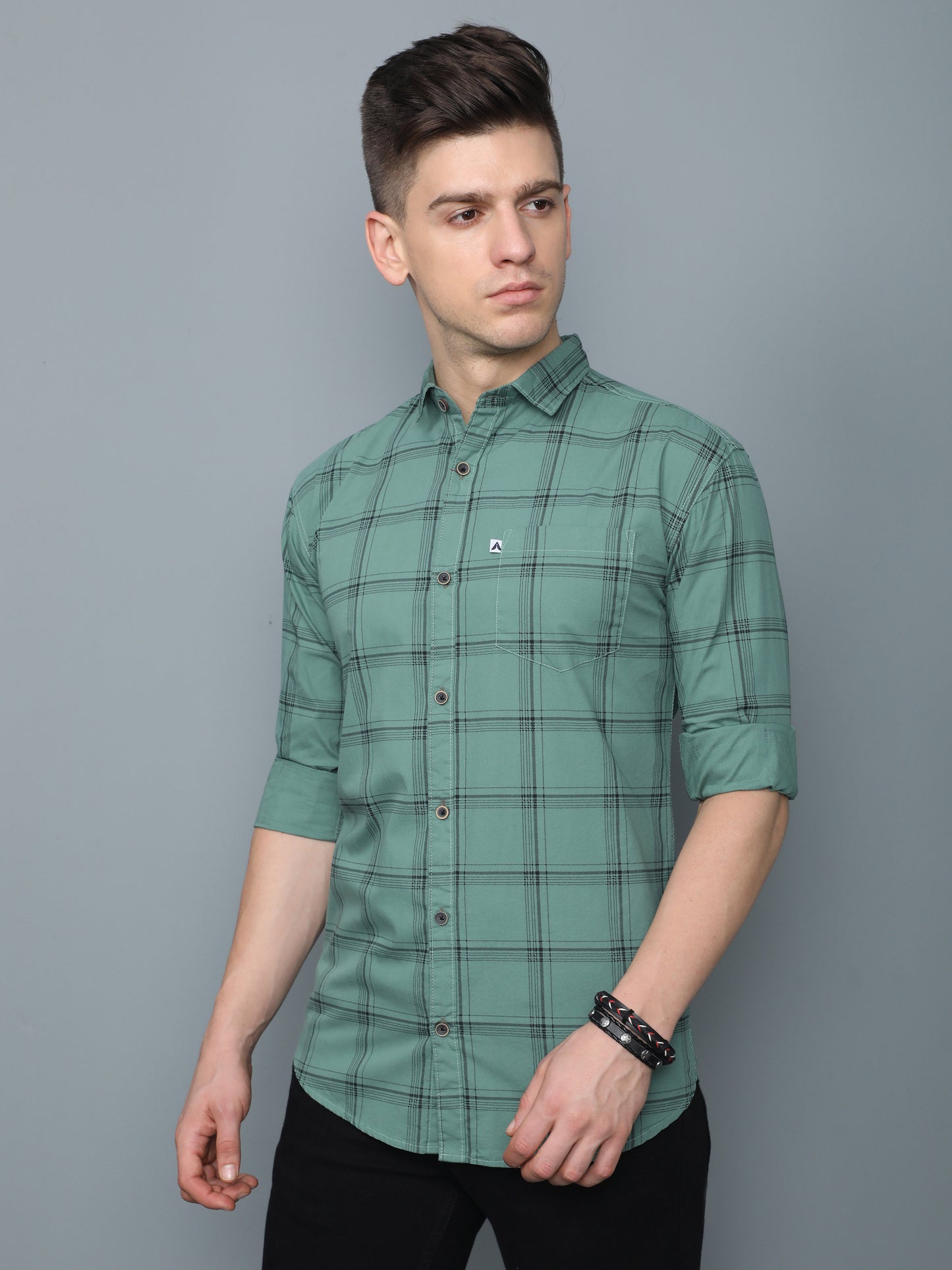6line Green Full Sleeve Cotton Mens Plaid Shirt 
