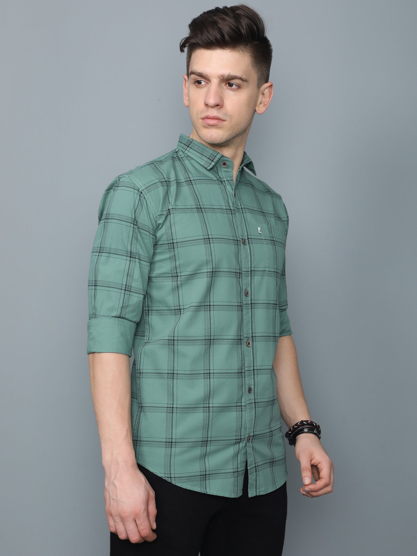 6line Green Full Sleeve Cotton Mens Plaid Shirt 