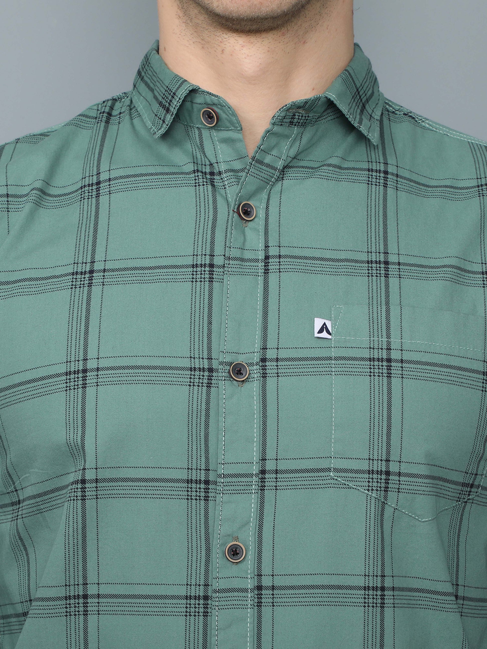 6line Green Full Sleeve Cotton Mens Plaid Shirt 