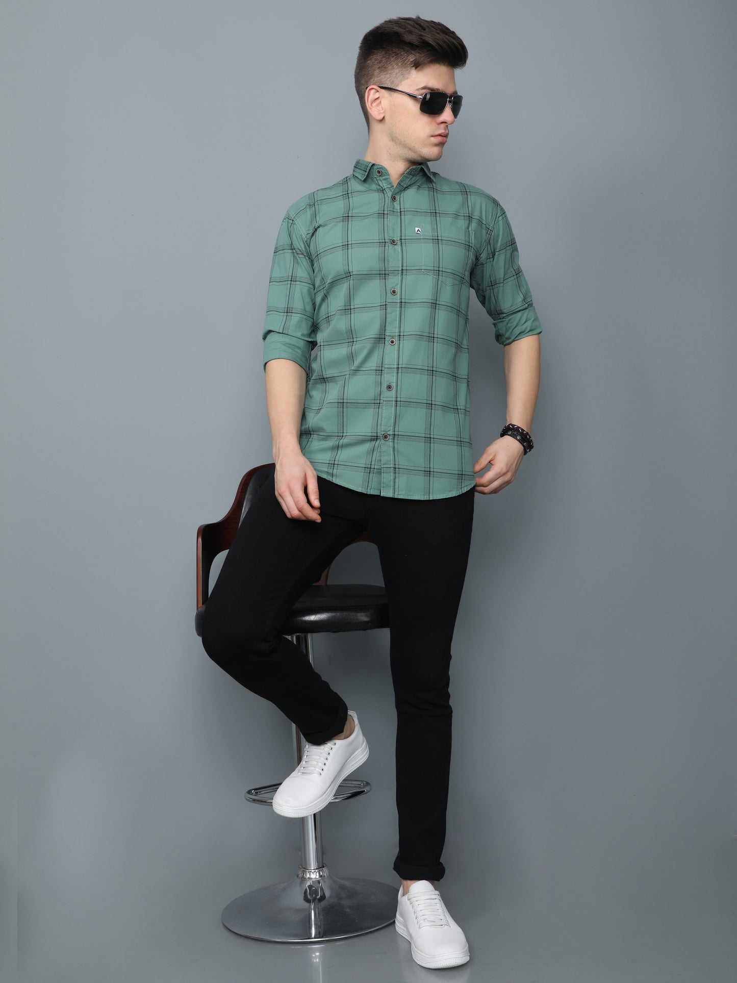 6line Green Full Sleeve Cotton Mens Plaid Shirt 