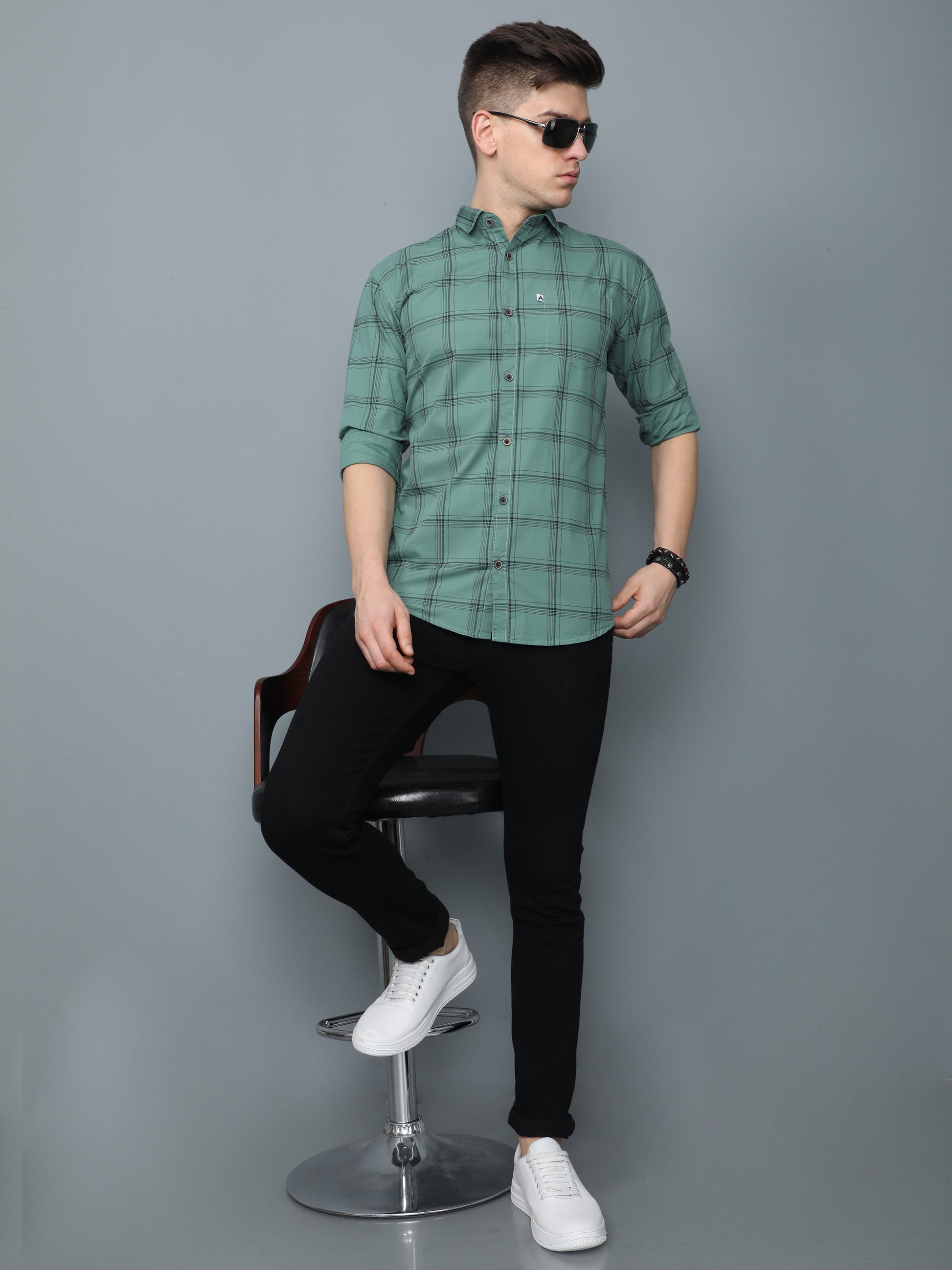 6line Green Full Sleeve Cotton Mens Plaid Shirt 