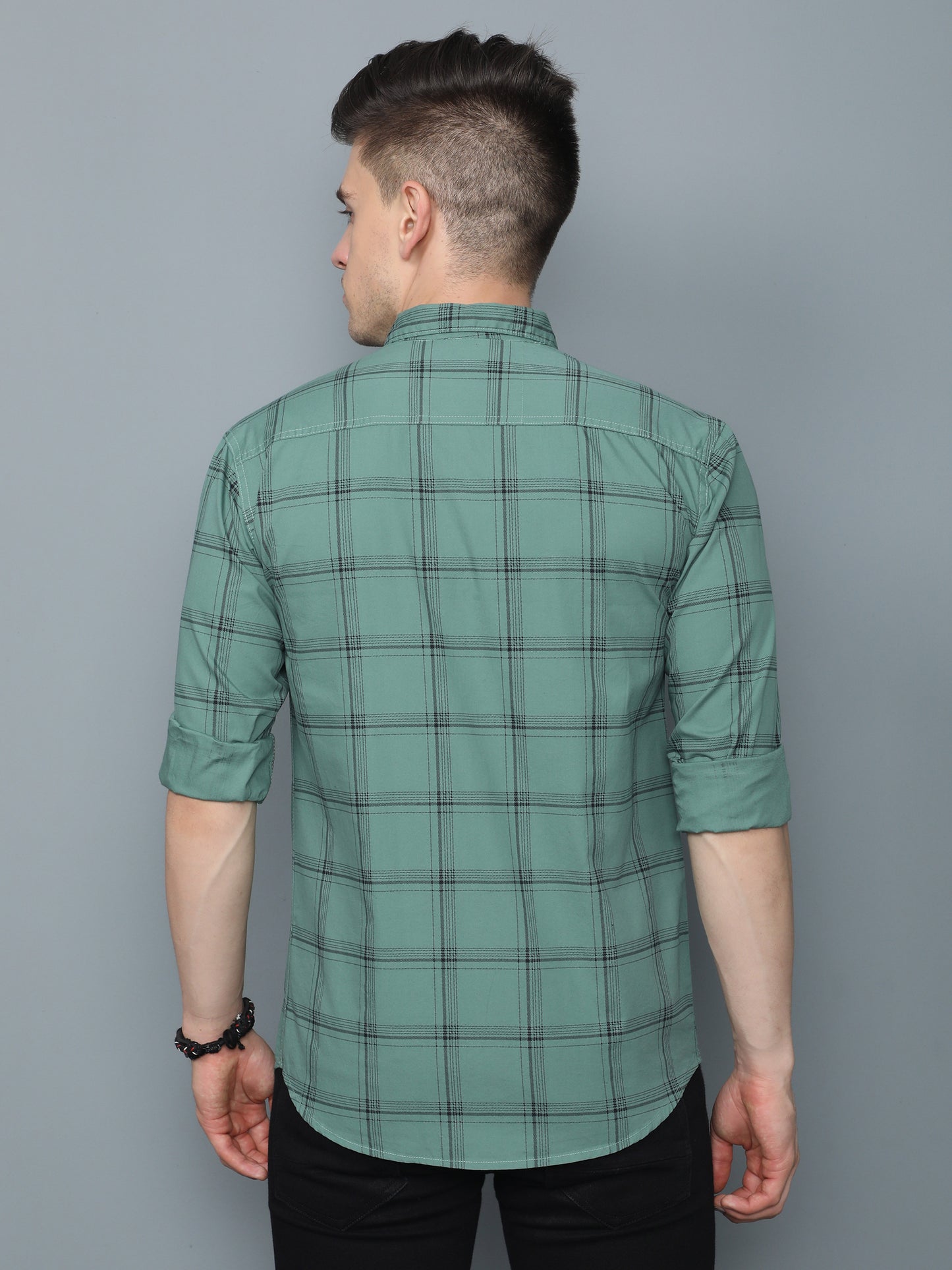 6line Green Full Sleeve Cotton Mens Plaid Shirt 