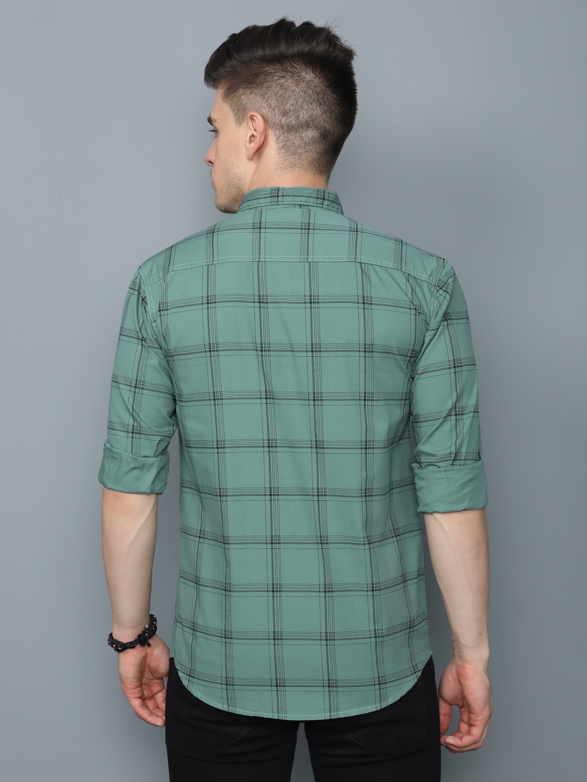 6line Green Full Sleeve Cotton Mens Plaid Shirt 