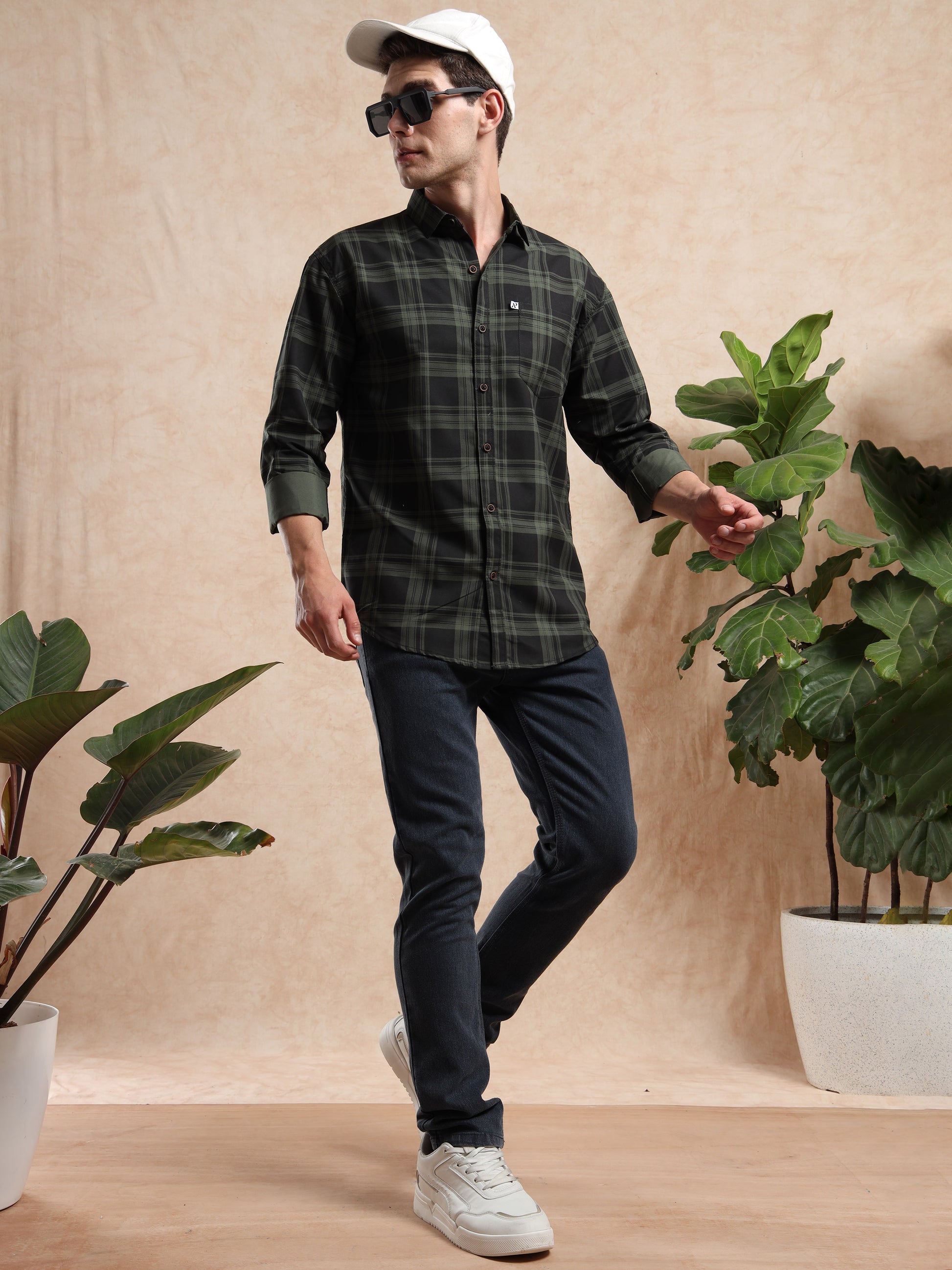 Stylish casual outfit with men, green check shirt