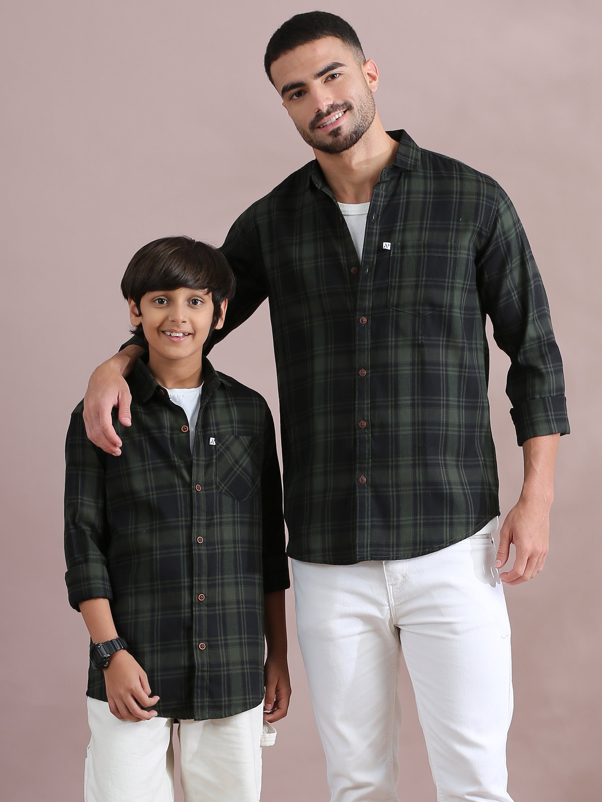 Buy Tiger Green Checked Father And Son Matching Dress Shirts