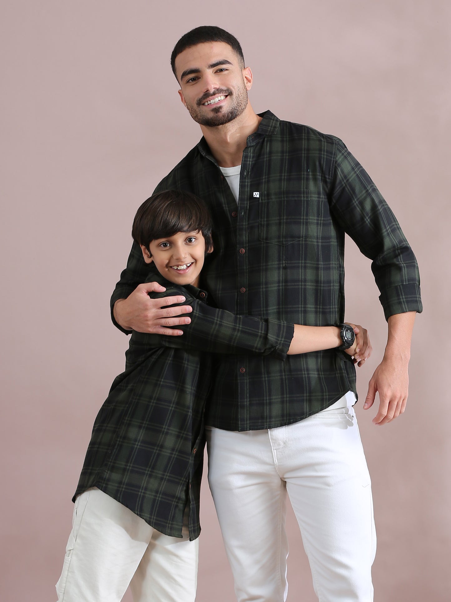 Tiger Green Checked Father And Son Matching Dress Shirts