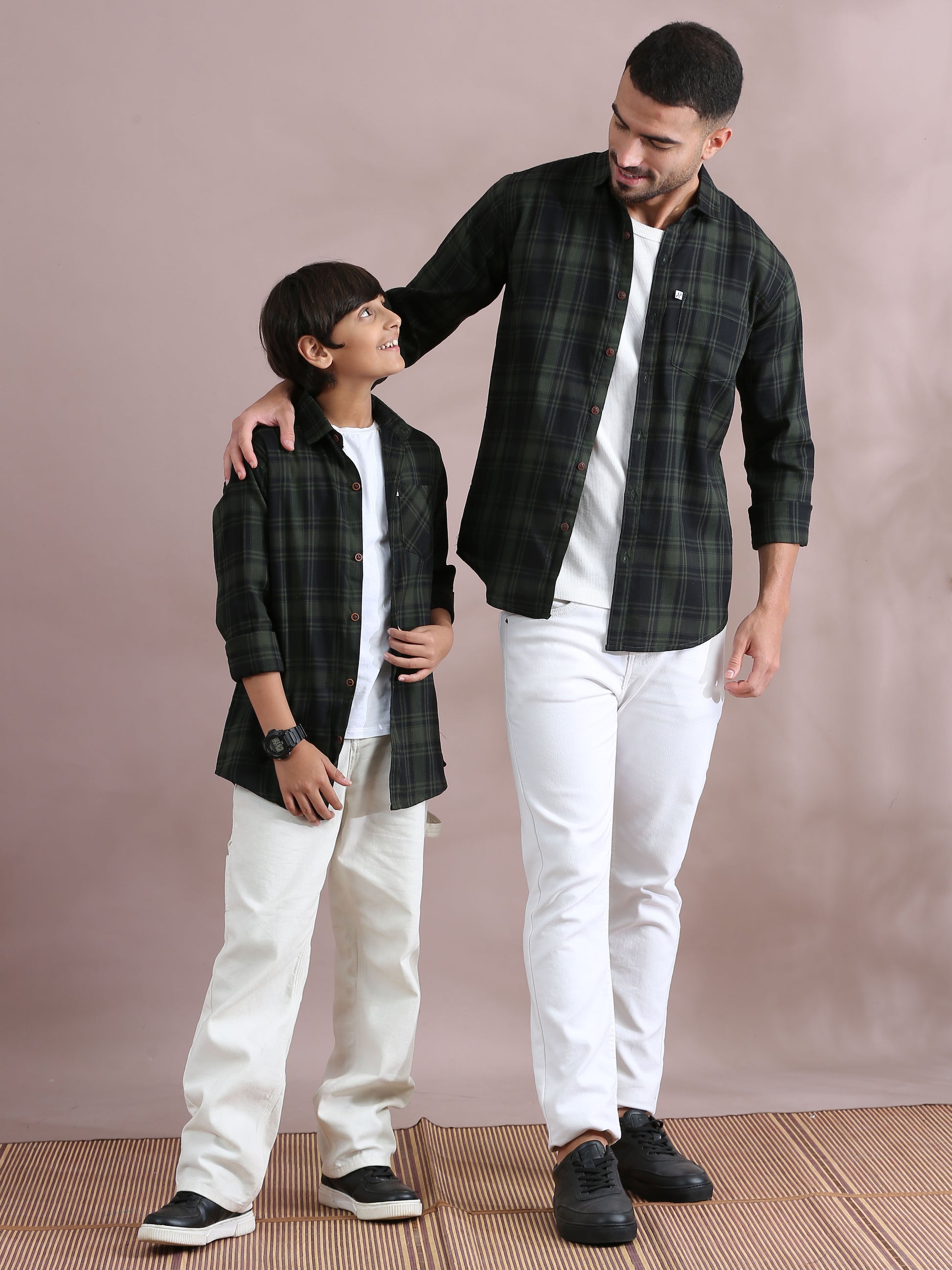 Tiger Green Checked Father And Son Matching Dress Shirts