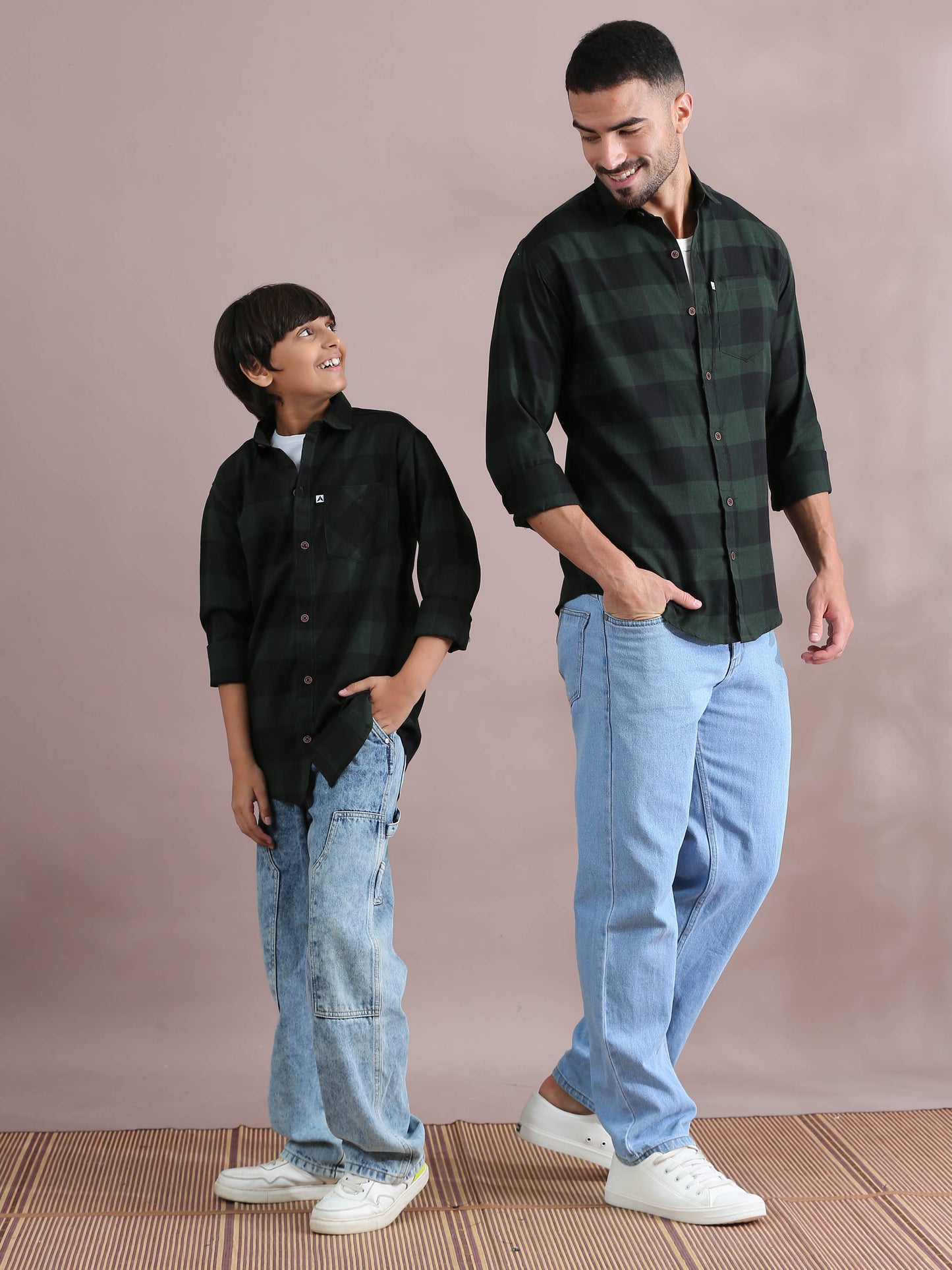 Tomtom Green Checked Dad And Son Matching Shirts Combo
