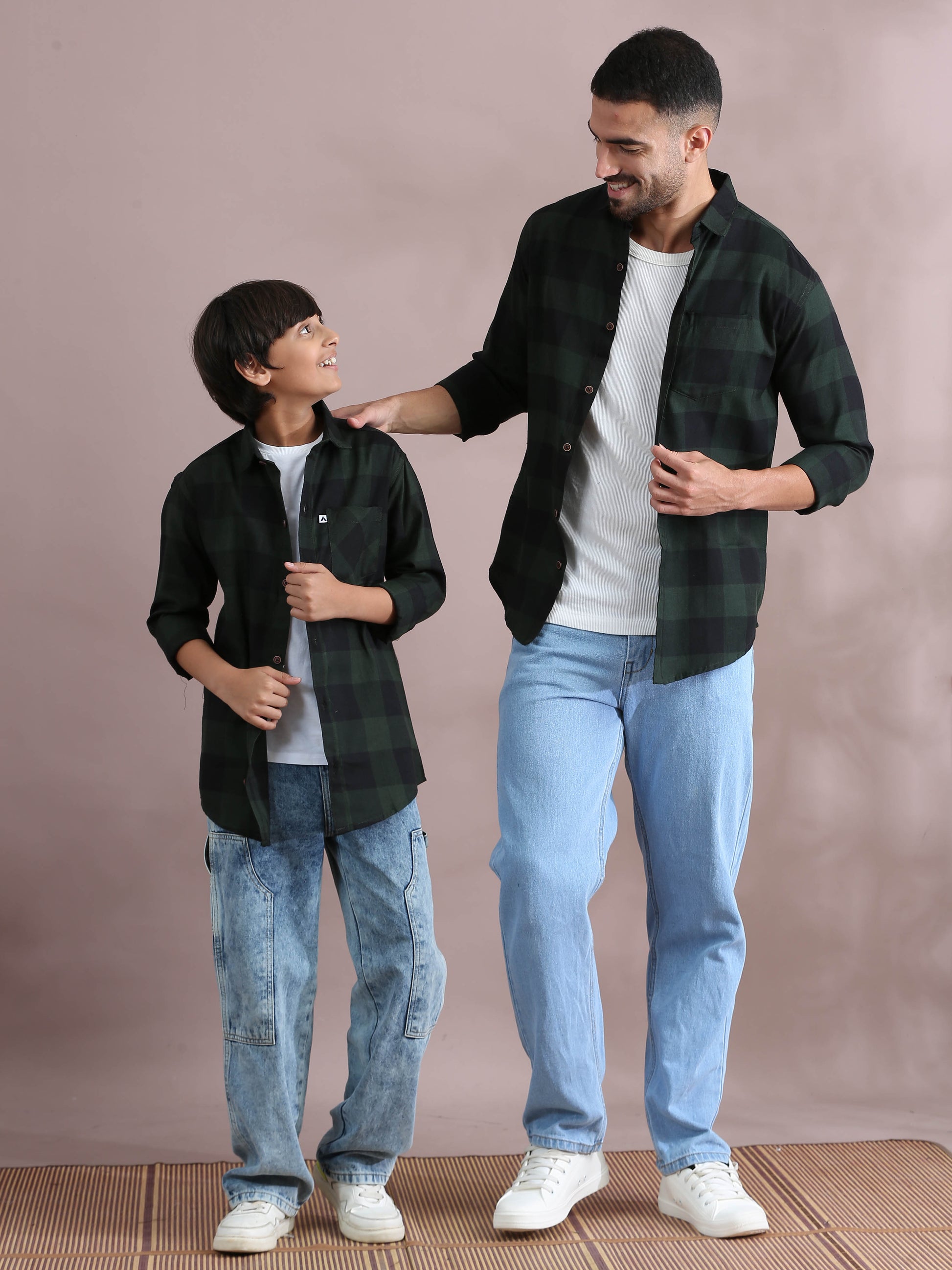 Tomtom Green Checked Dad And Son Matching Shirts Combo
