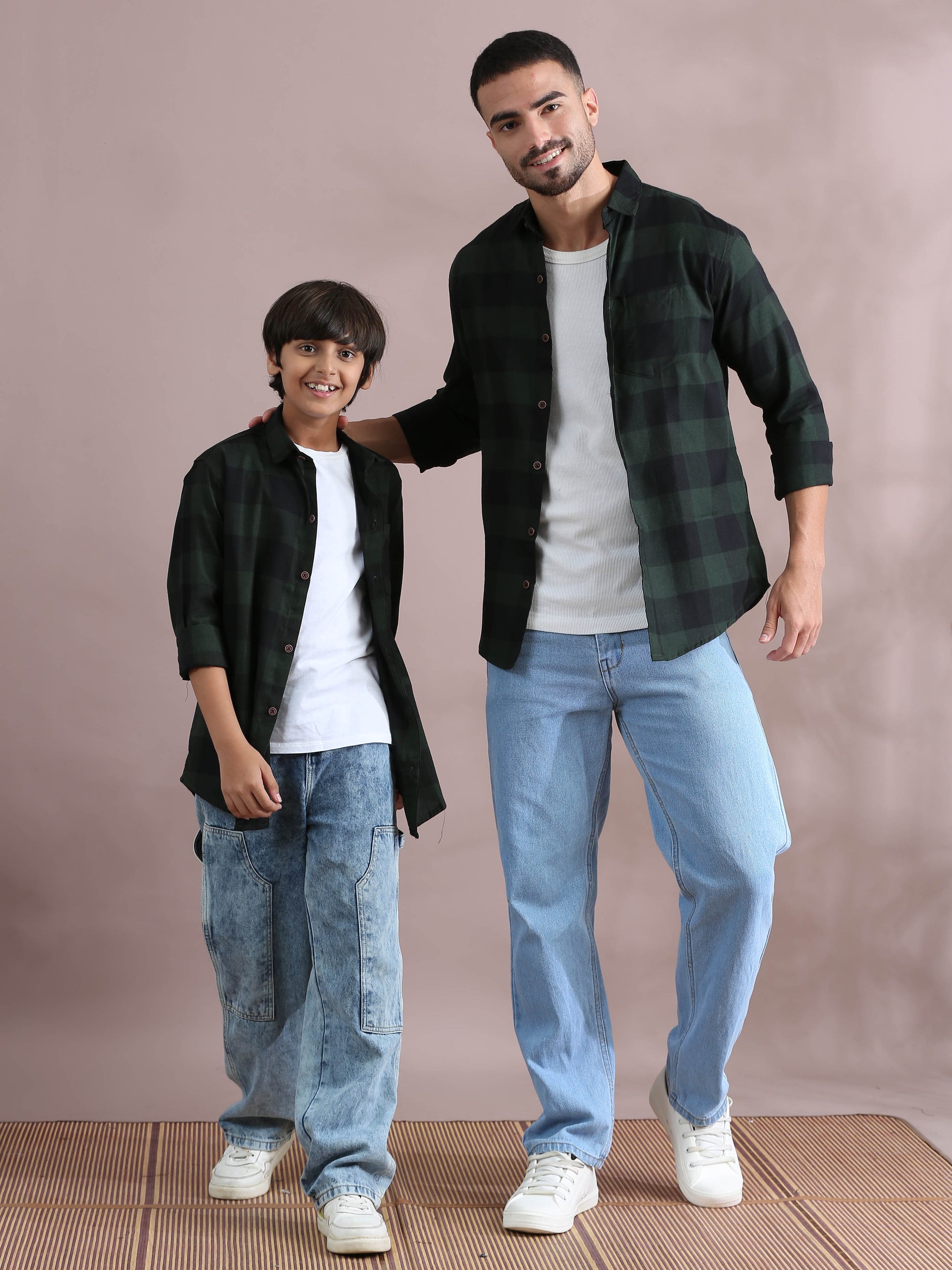 Tomtom Green Checked Dad And Son Matching Shirts Combo