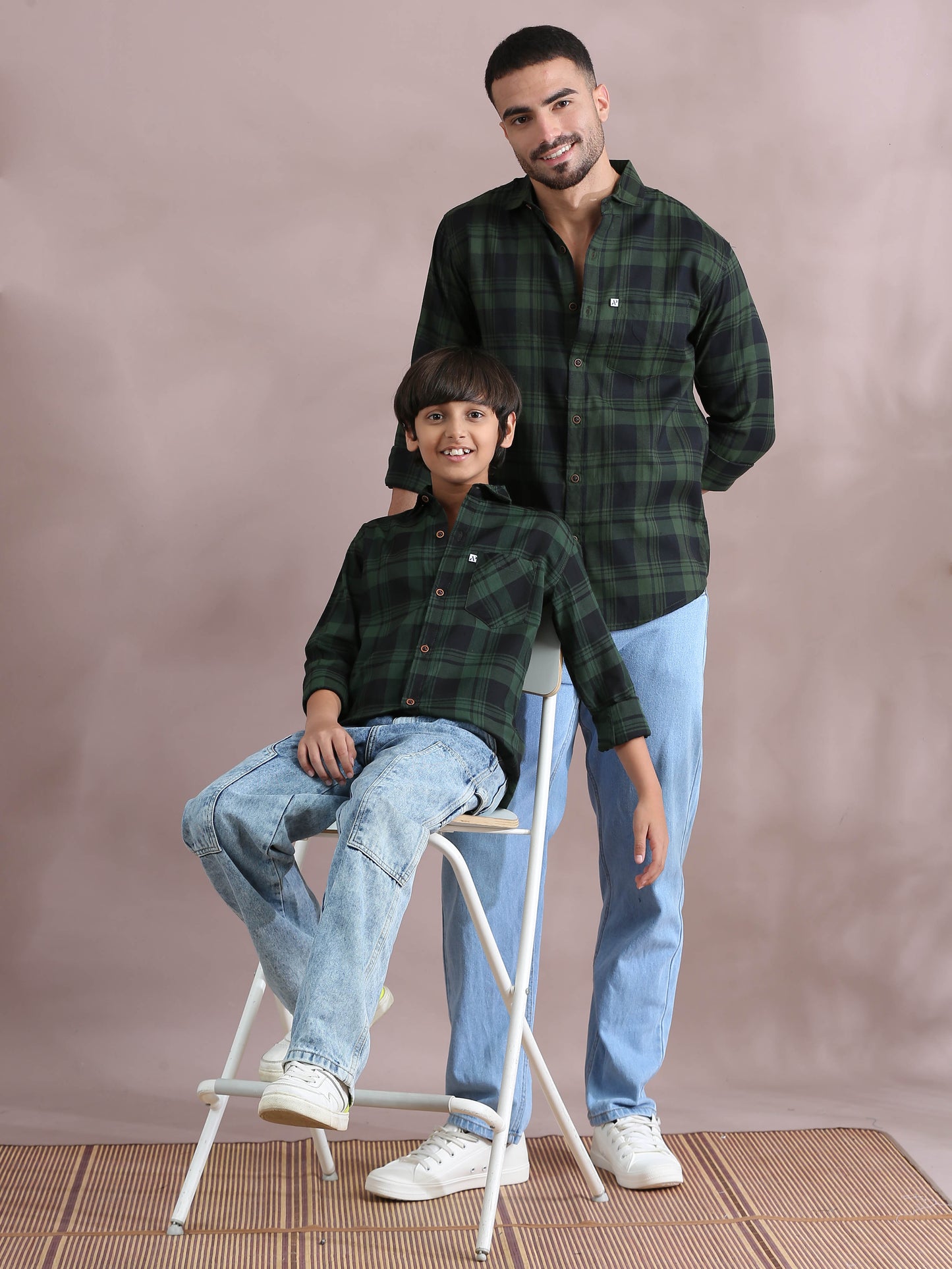 Wanted Green Checked Dad And Son Combo Shirt