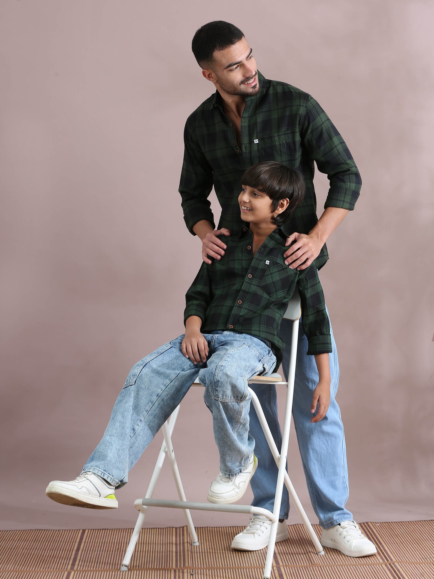 Wanted Green Checked Dad And Son Combo Shirt