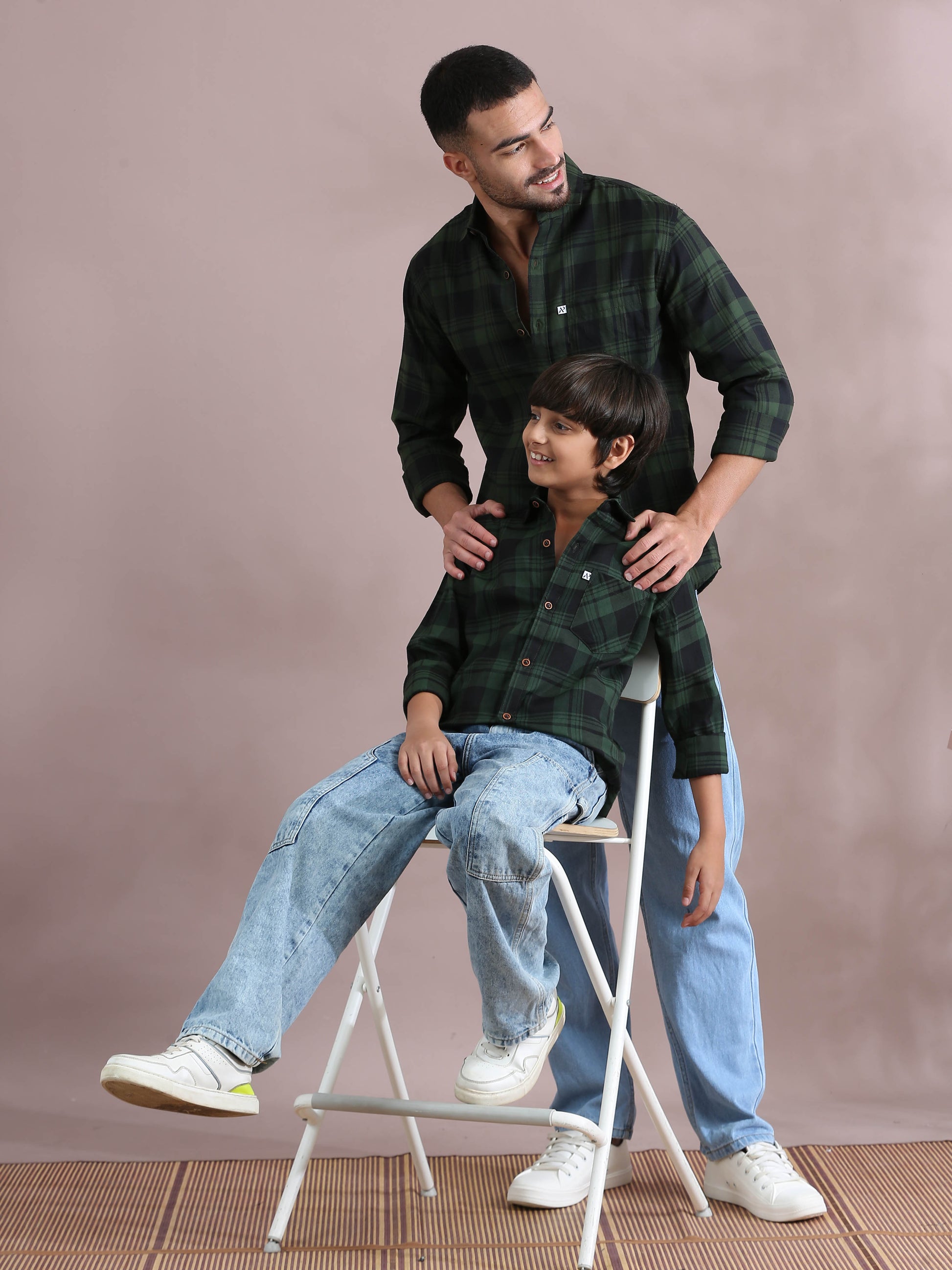 Wanted Green Checked Dad And Son Combo Shirt