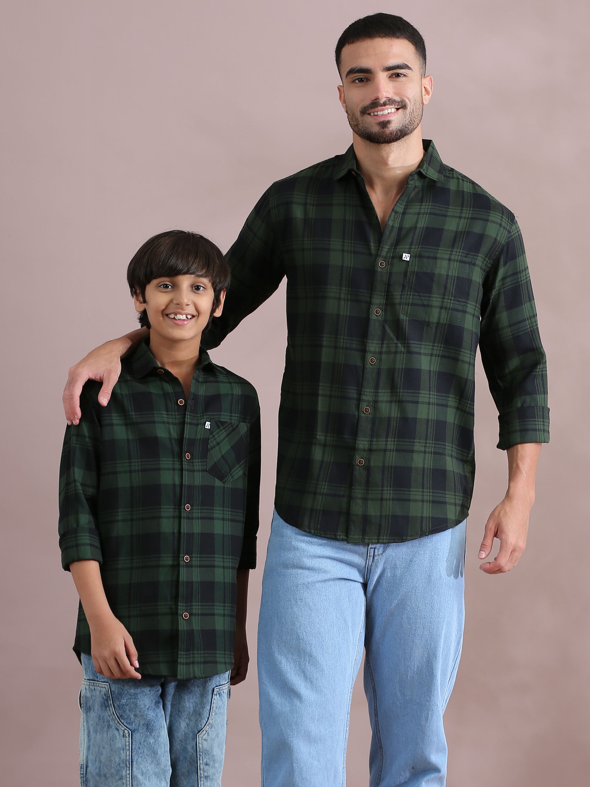 Wanted Green Checked Dad And Son Combo Shirt