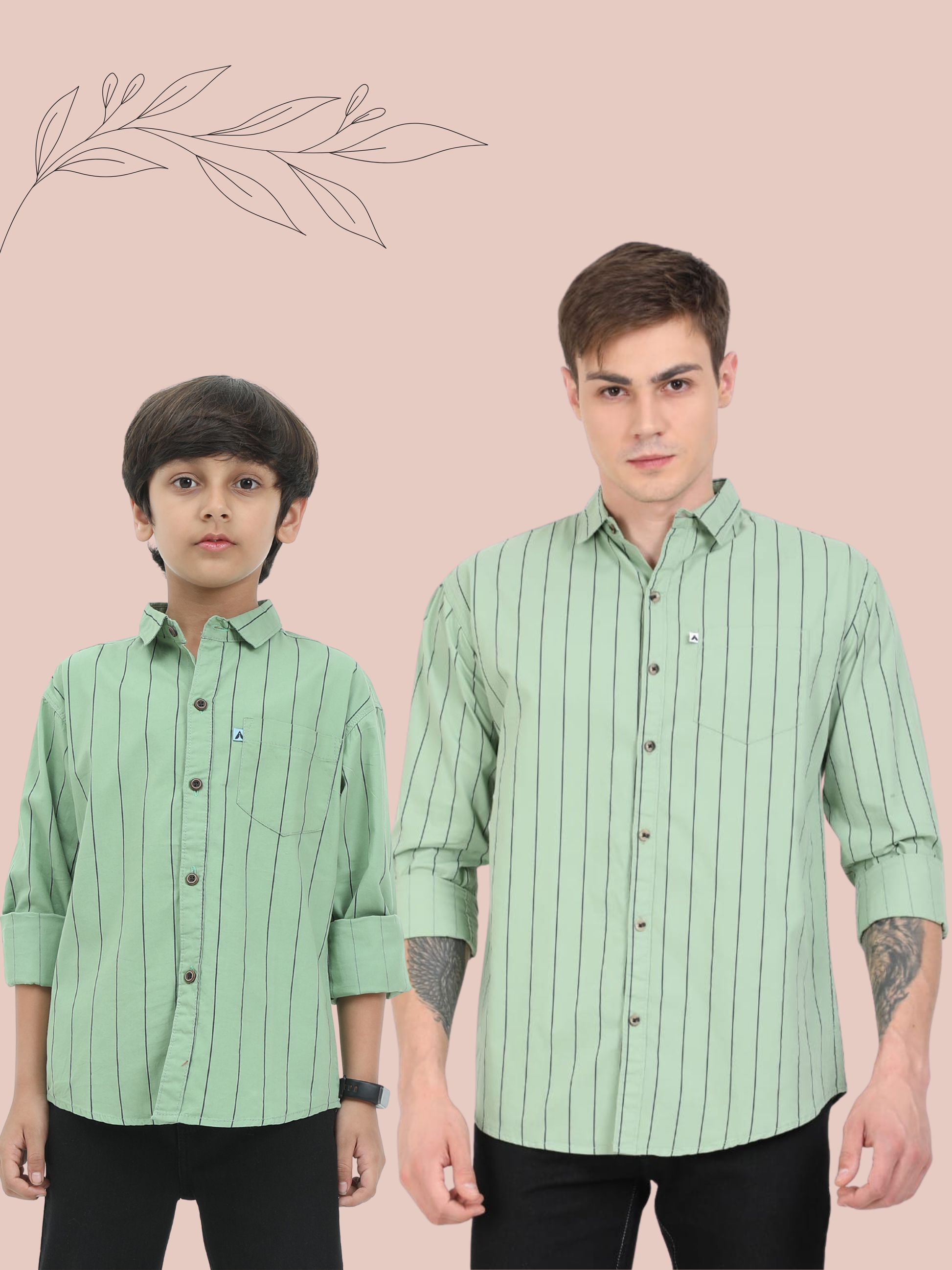 Two individuals wearing matching green striped shirts on a beige background