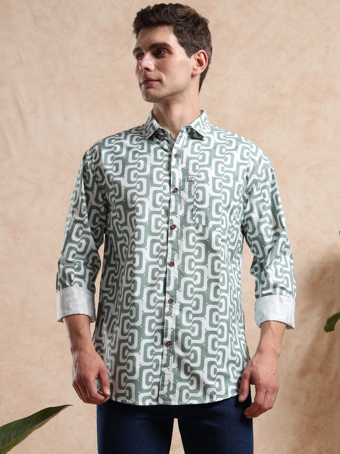 stylish men, casual printed shirt in green and white pattern