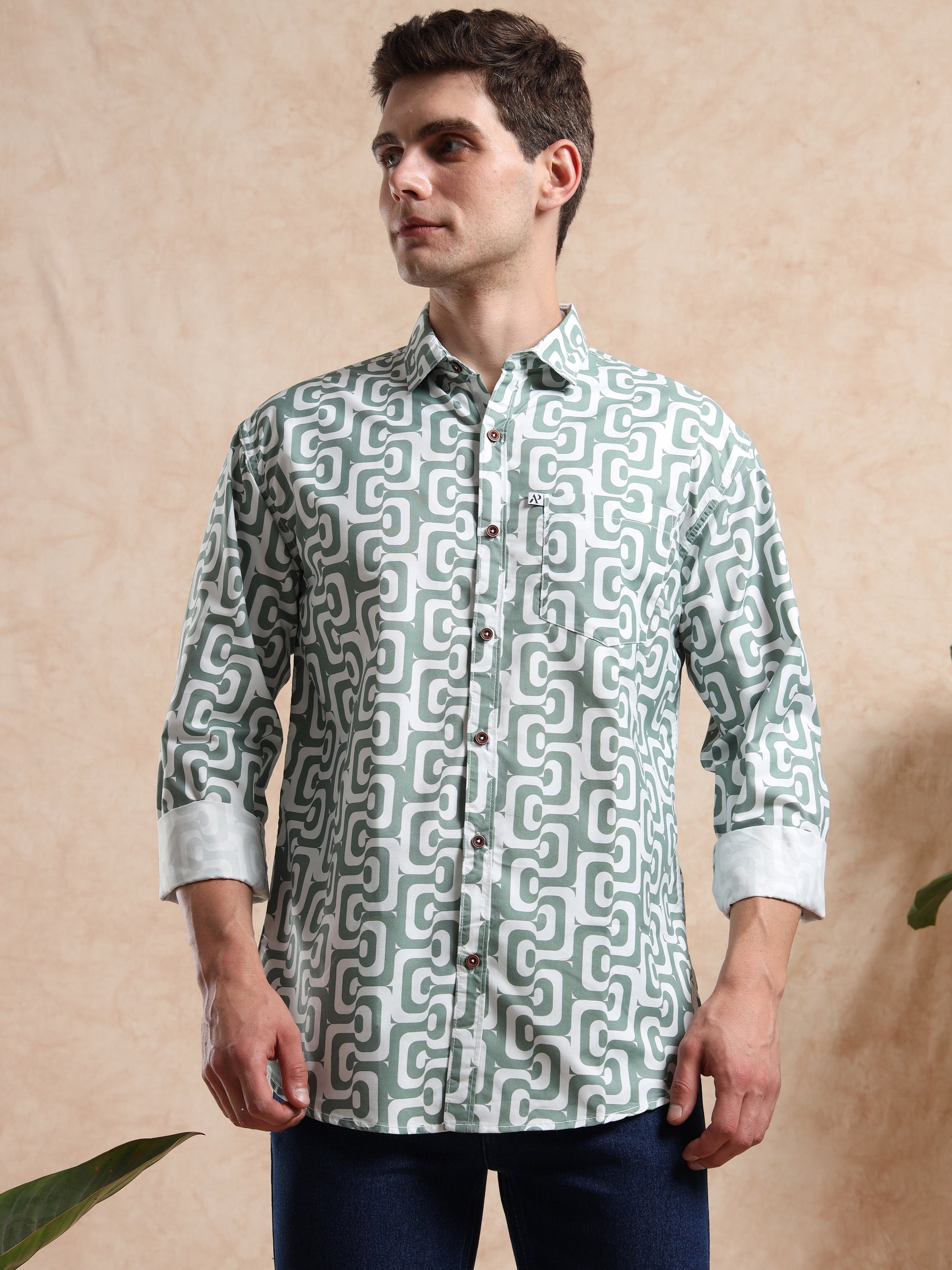 stylish men, casual printed shirt in green and white pattern