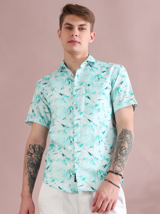 Palm Printed Linen Aqua Shirt for Men