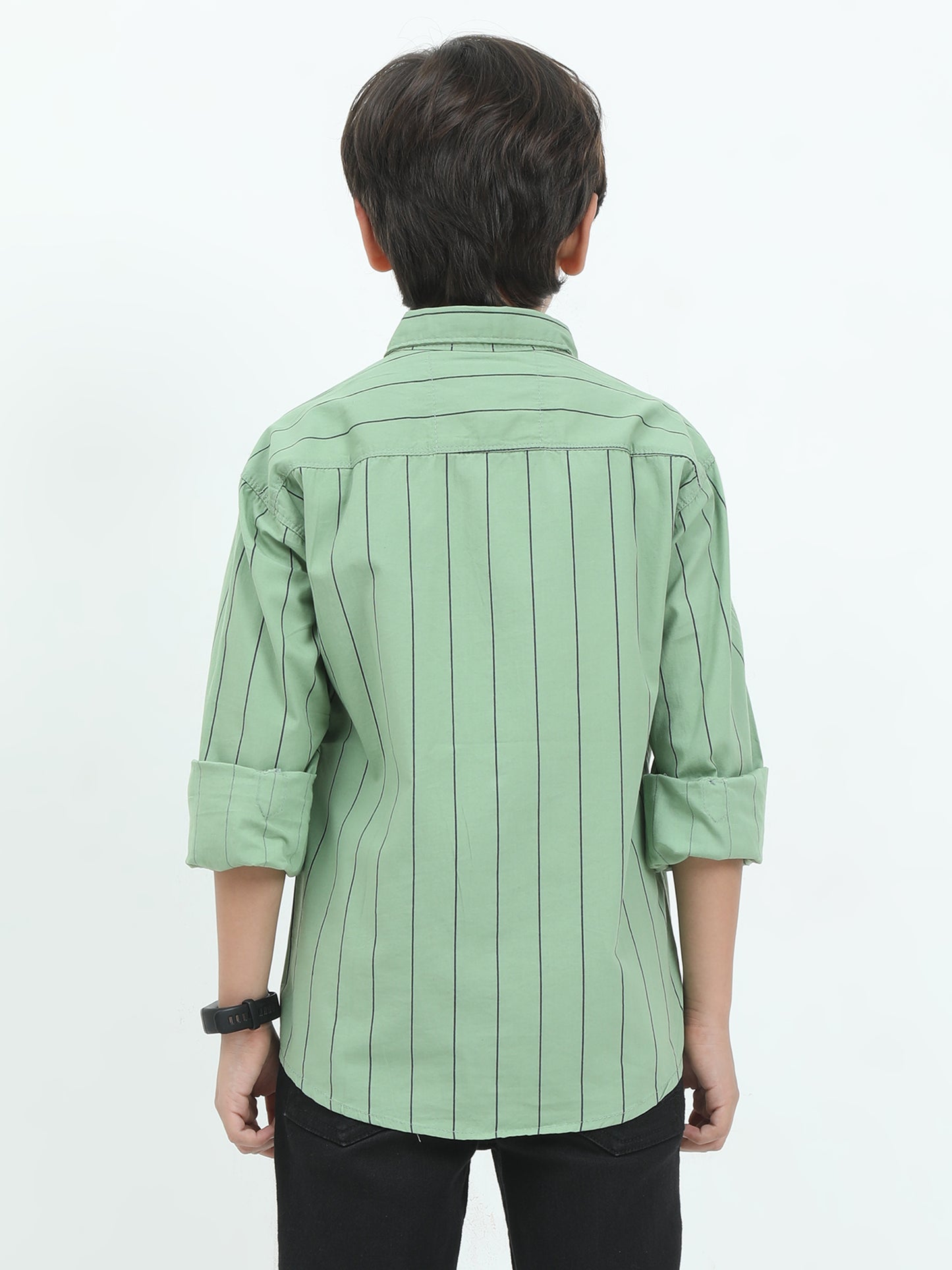 Person wearing a light green striped shirt on a white background