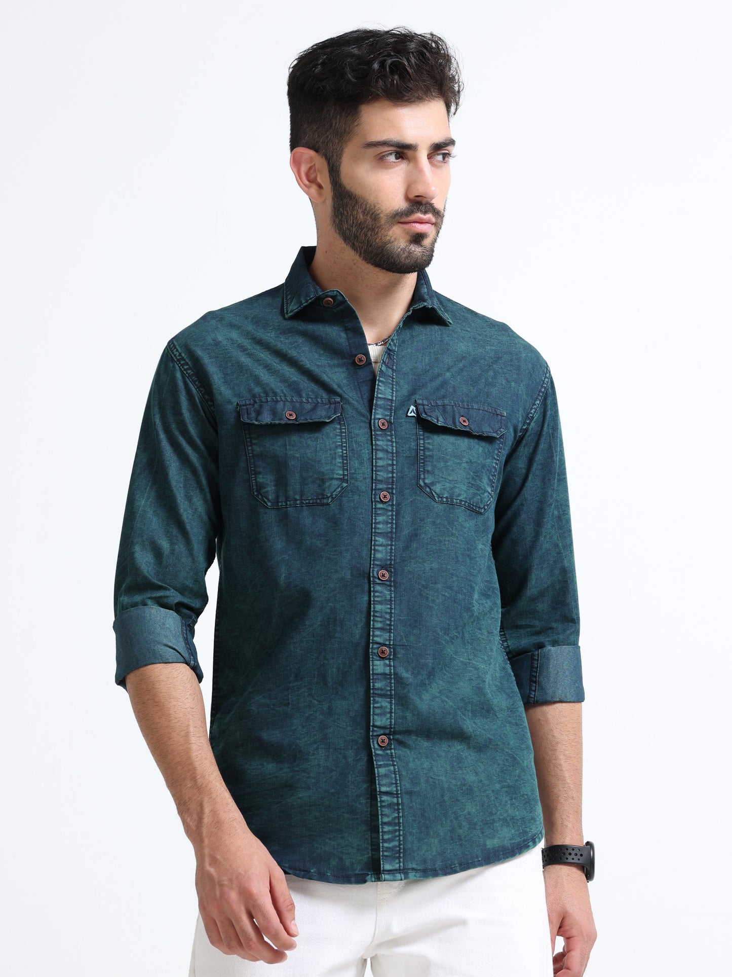 Men dark green acid wash denim shirt