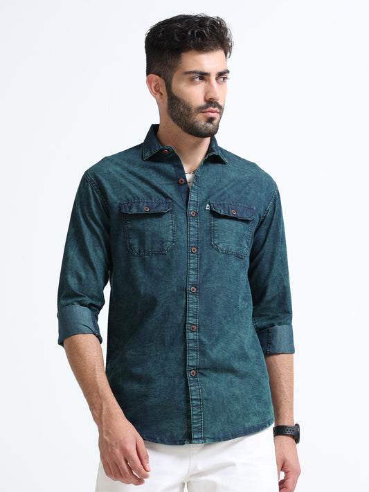 Men dark green acid wash denim shirt