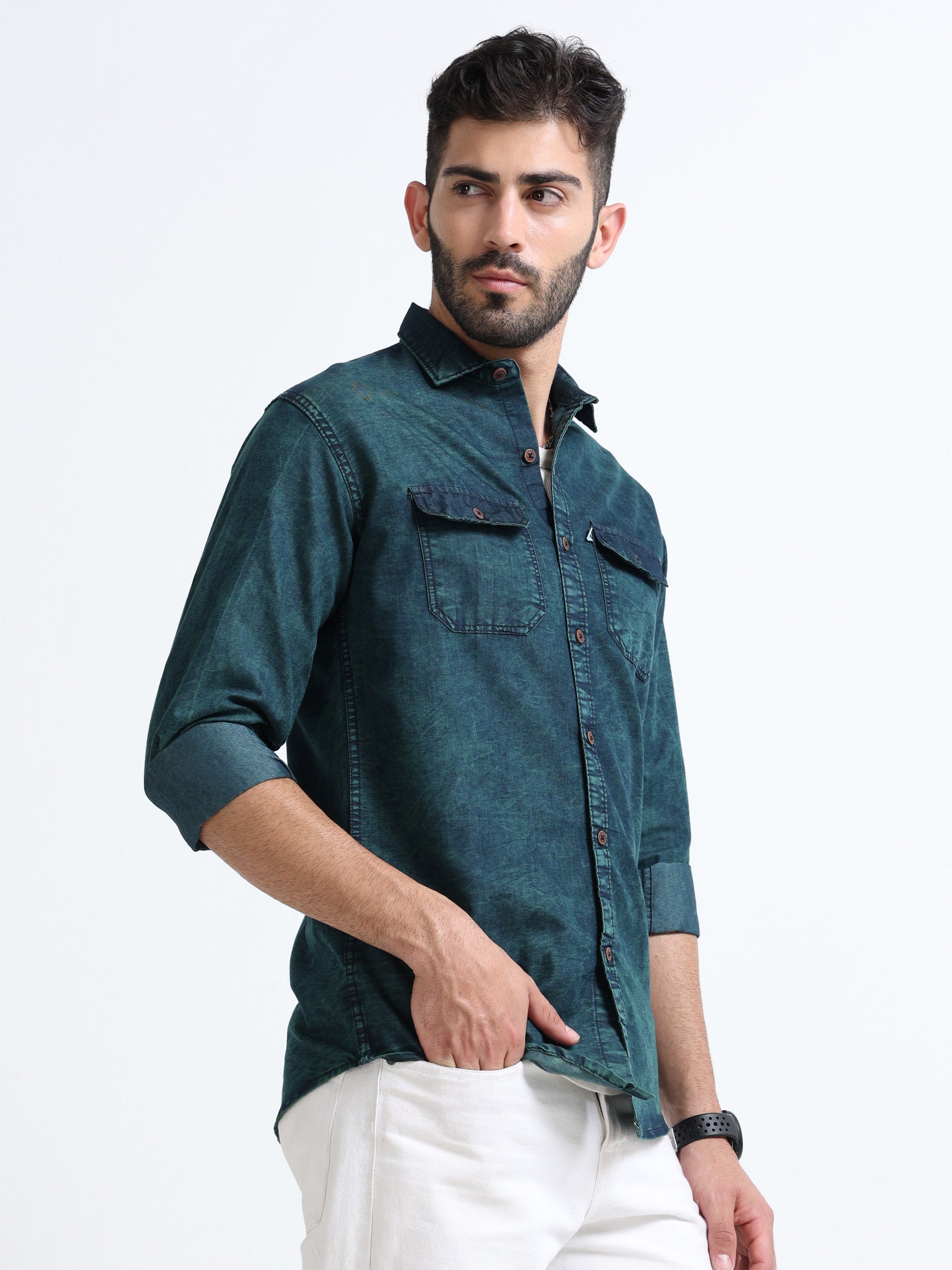 Mens dark green washed denim full sleeve shirt