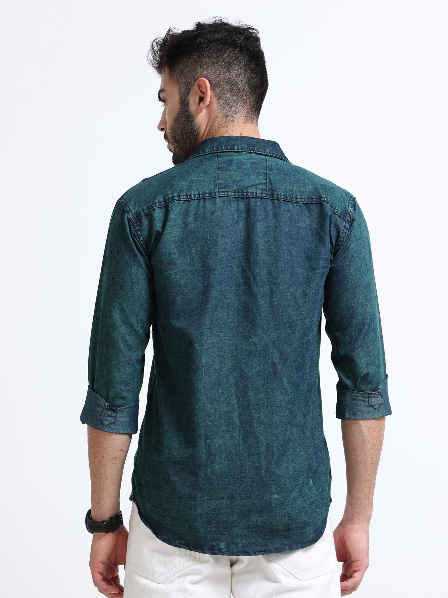 Mens dark green vintage wash denim shirt