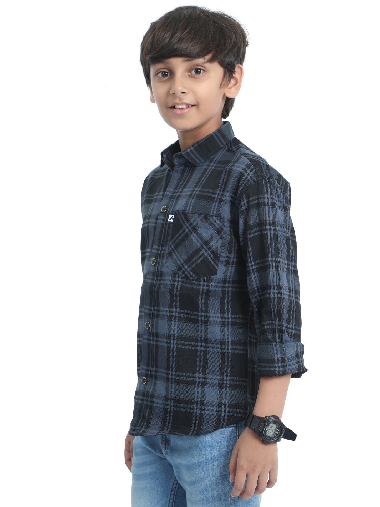 Cotton Tiger Checks Boys Grey Shirt