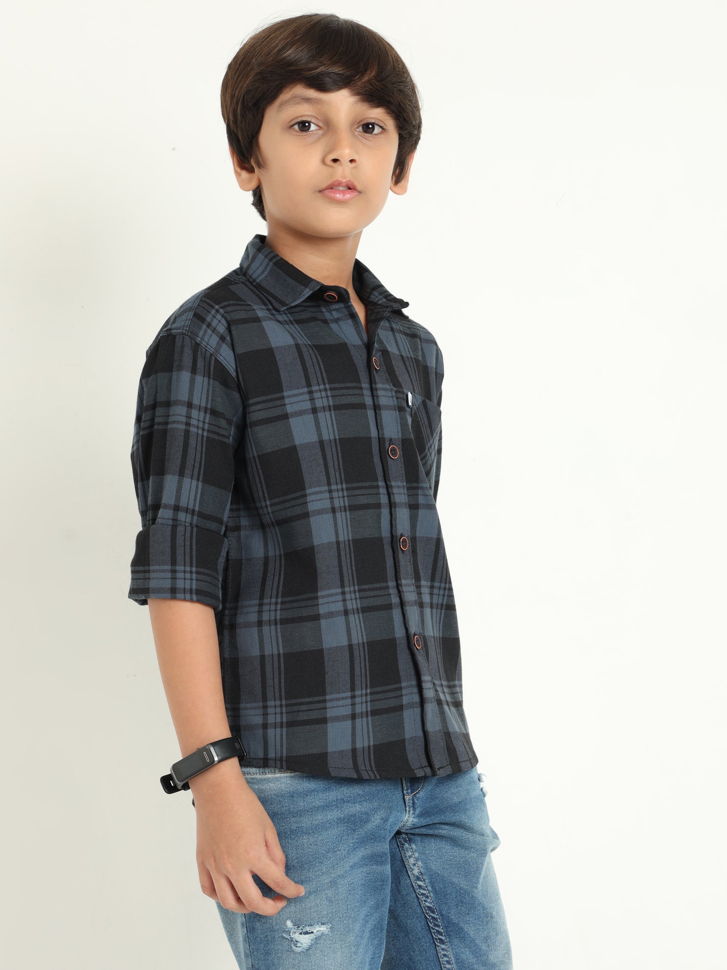 Wanted Cotton Blend Grey Checks Boys Long Sleeve Shirts