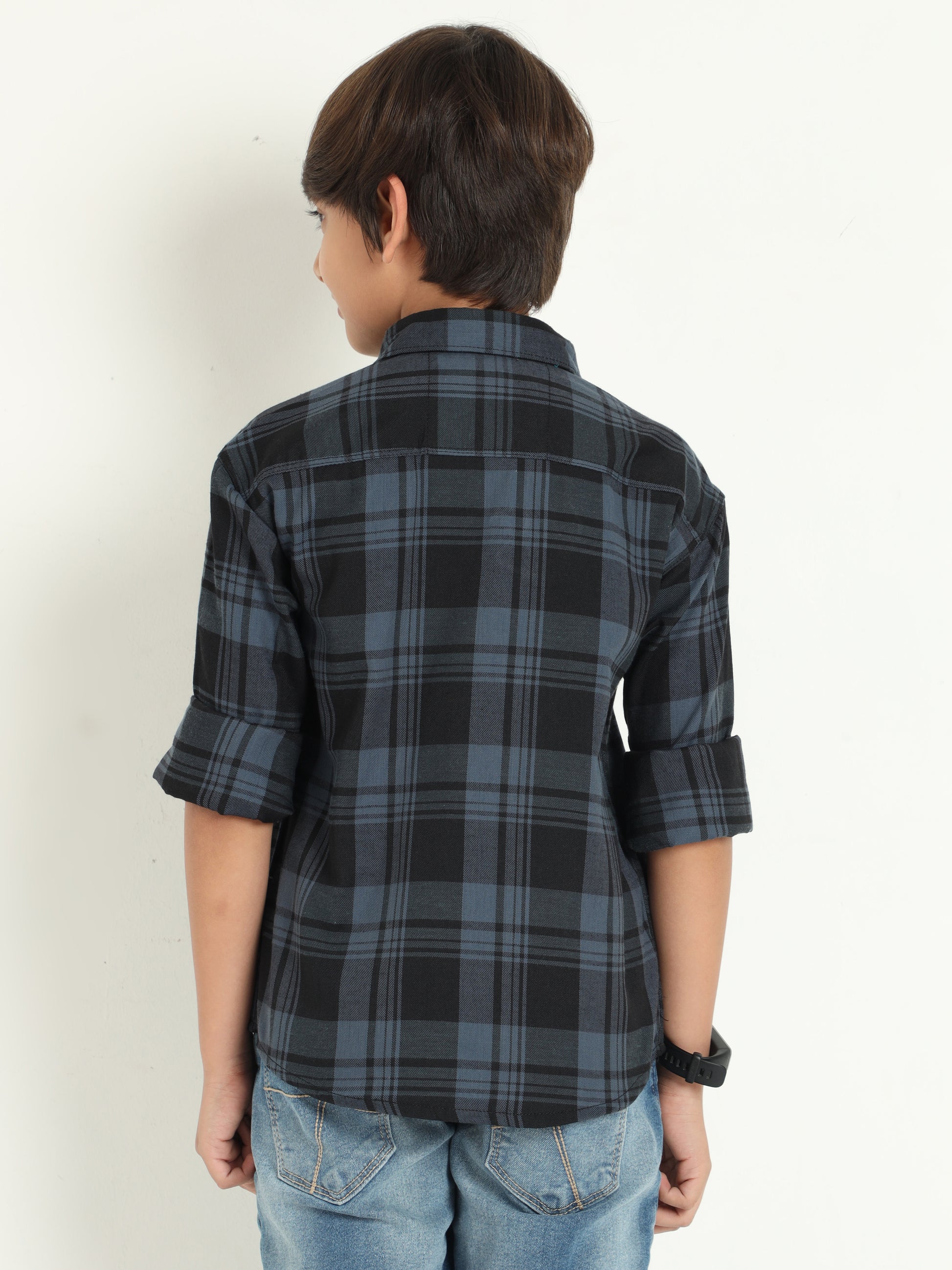 Wanted Cotton Blend Grey Checks Boys Long Sleeve Shirts
