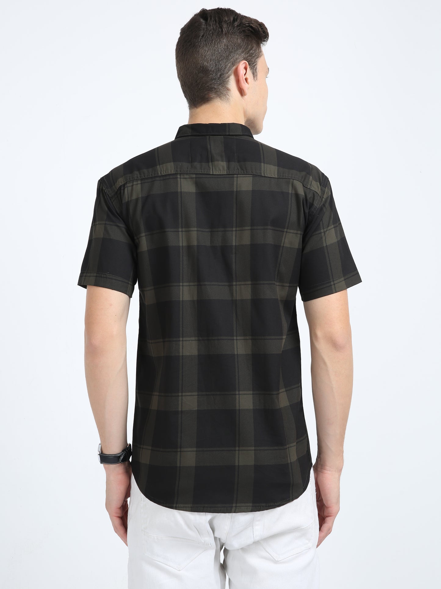 Half Sleeve Tartan Plaid Mens Grey Check Shirt
