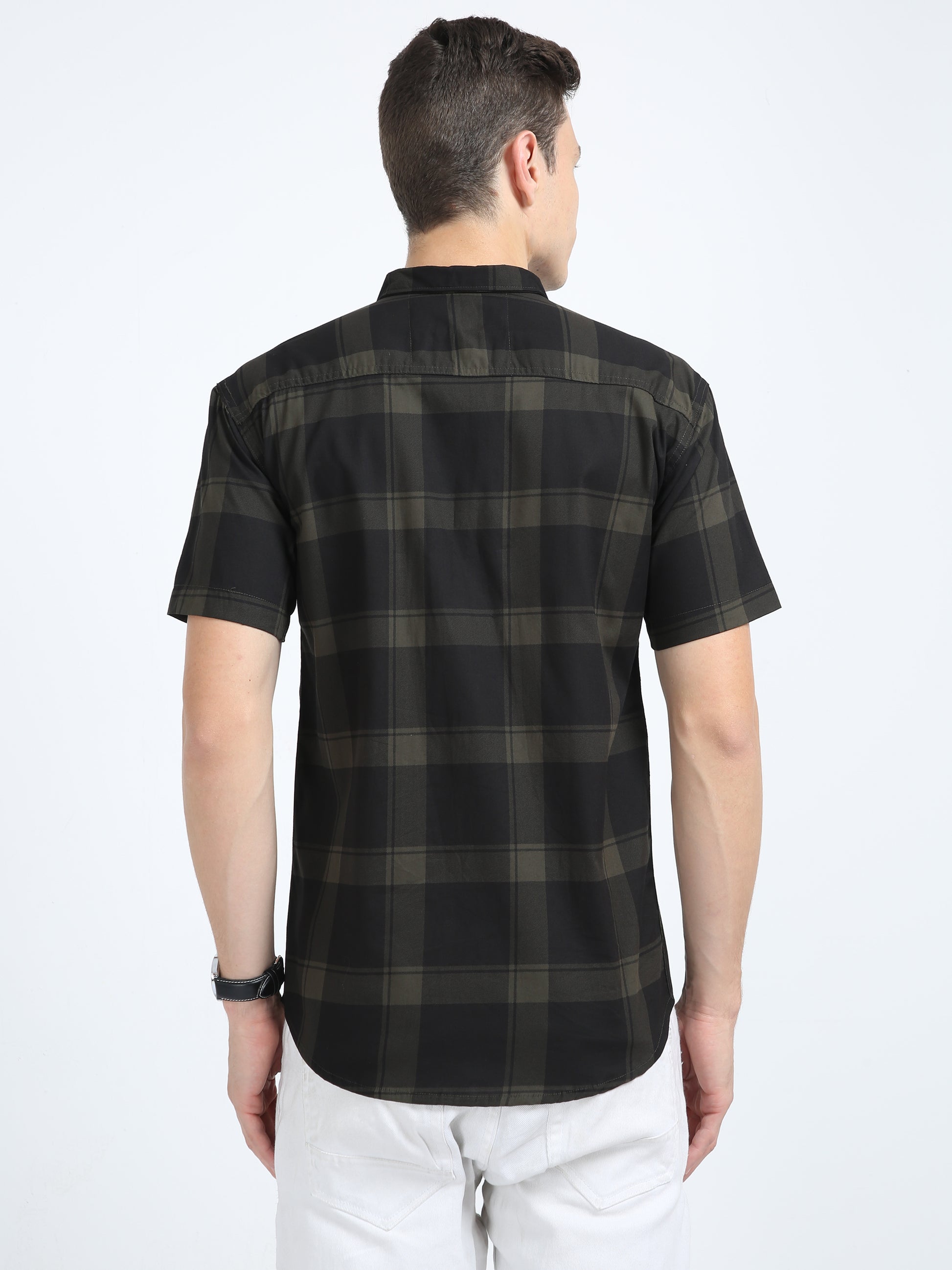Half Sleeve Tartan Plaid Mens Grey Check Shirt
