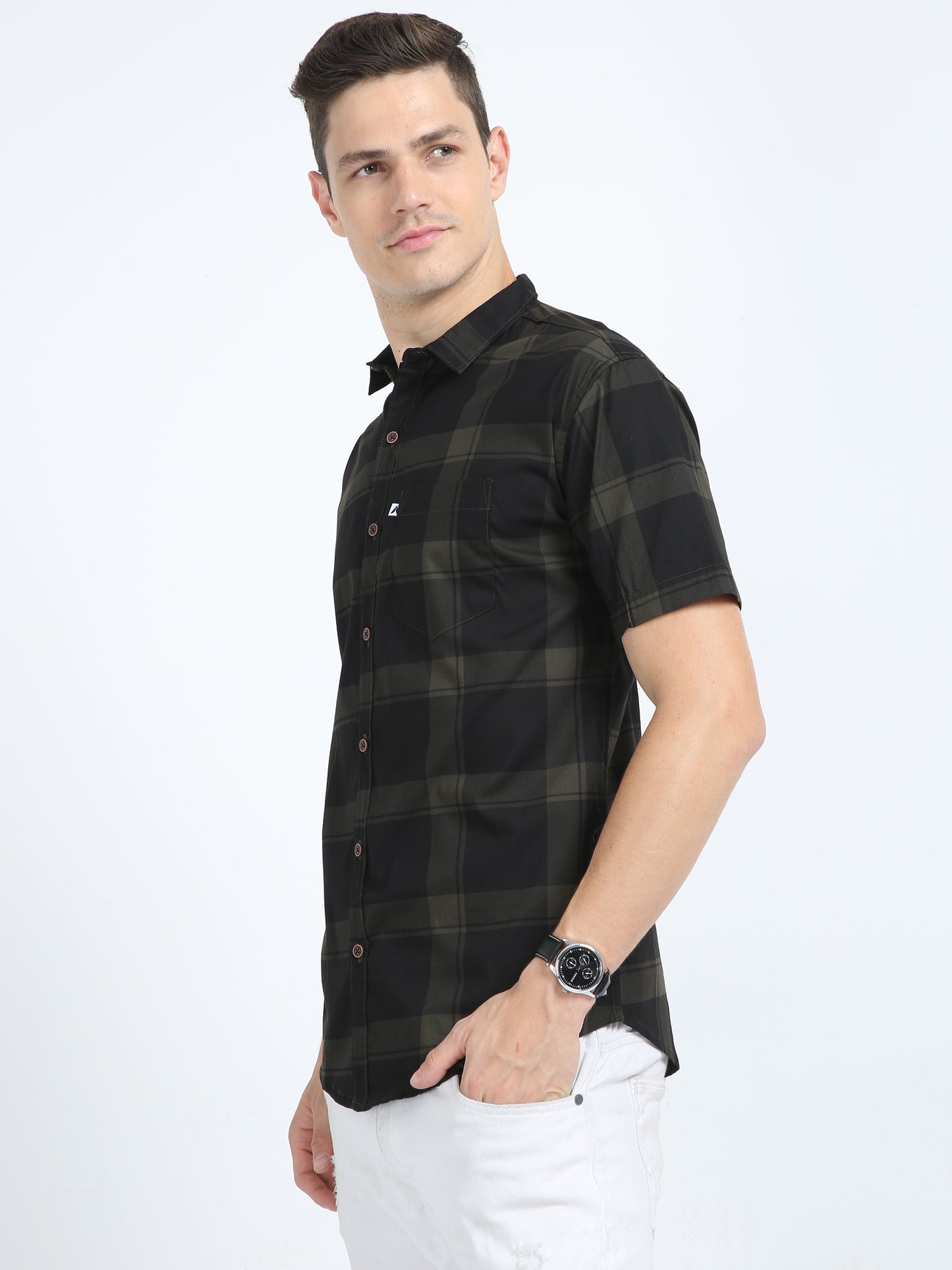 Half Sleeve Tartan Plaid Mens Grey Check Shirt