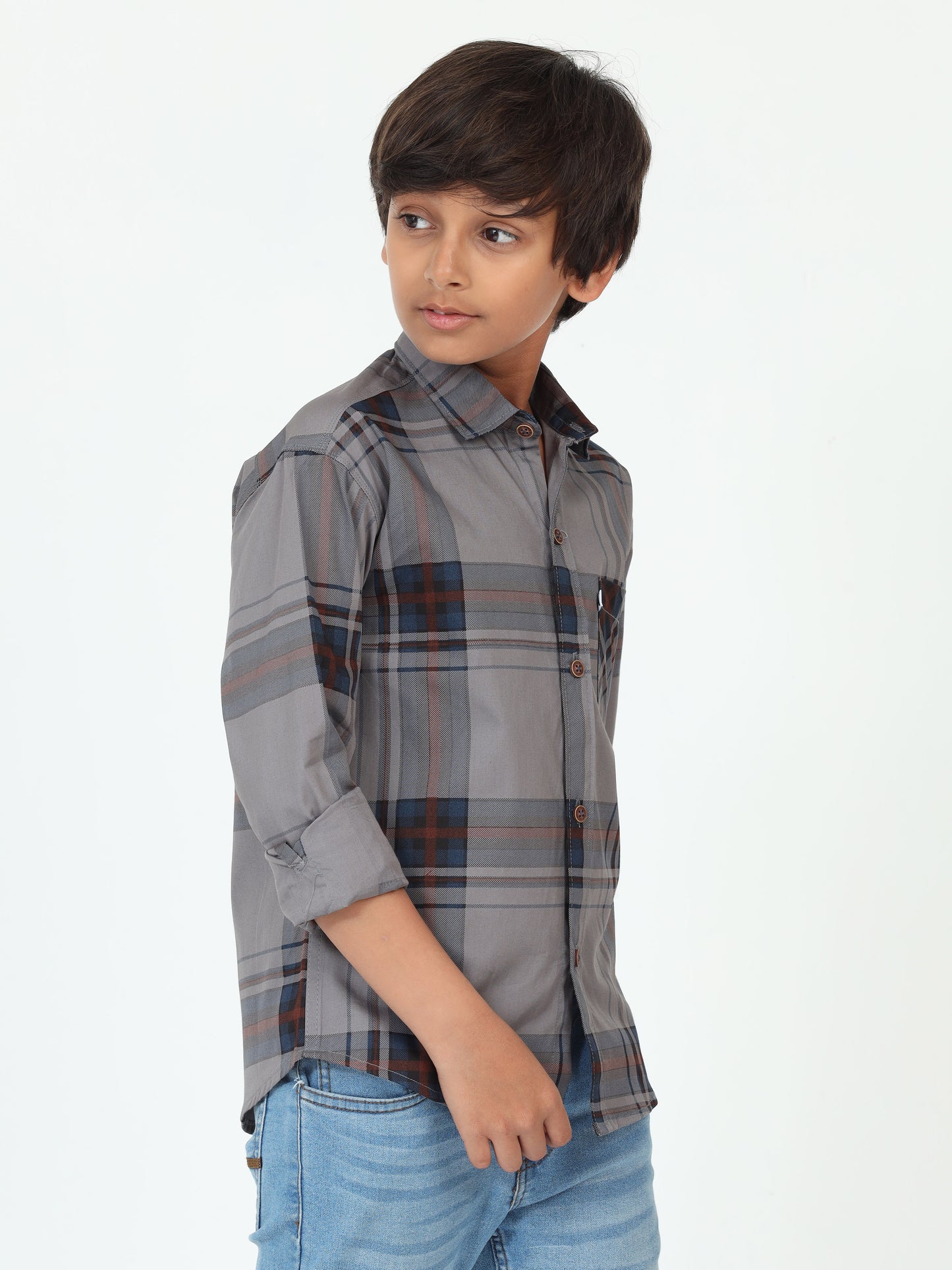 Grey Broadchecks Cotton Blend Boy Shirt Style