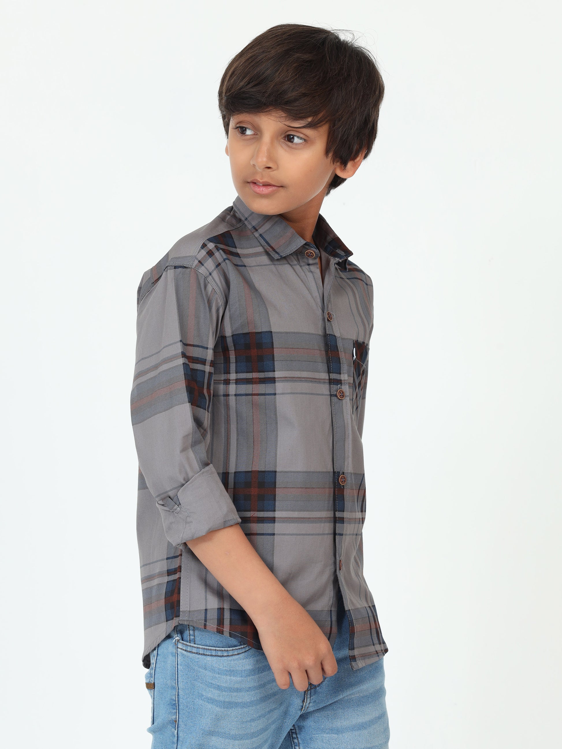 Grey Broadchecks Cotton Blend Boy Shirt Style