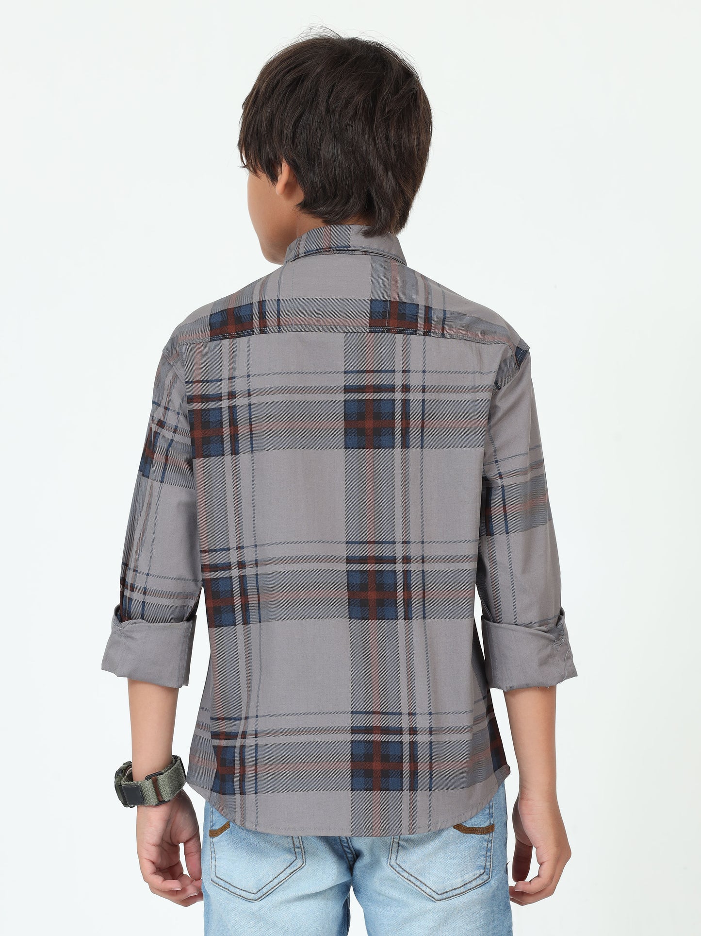 Grey Broadchecks Cotton Blend Boy Shirt Style
