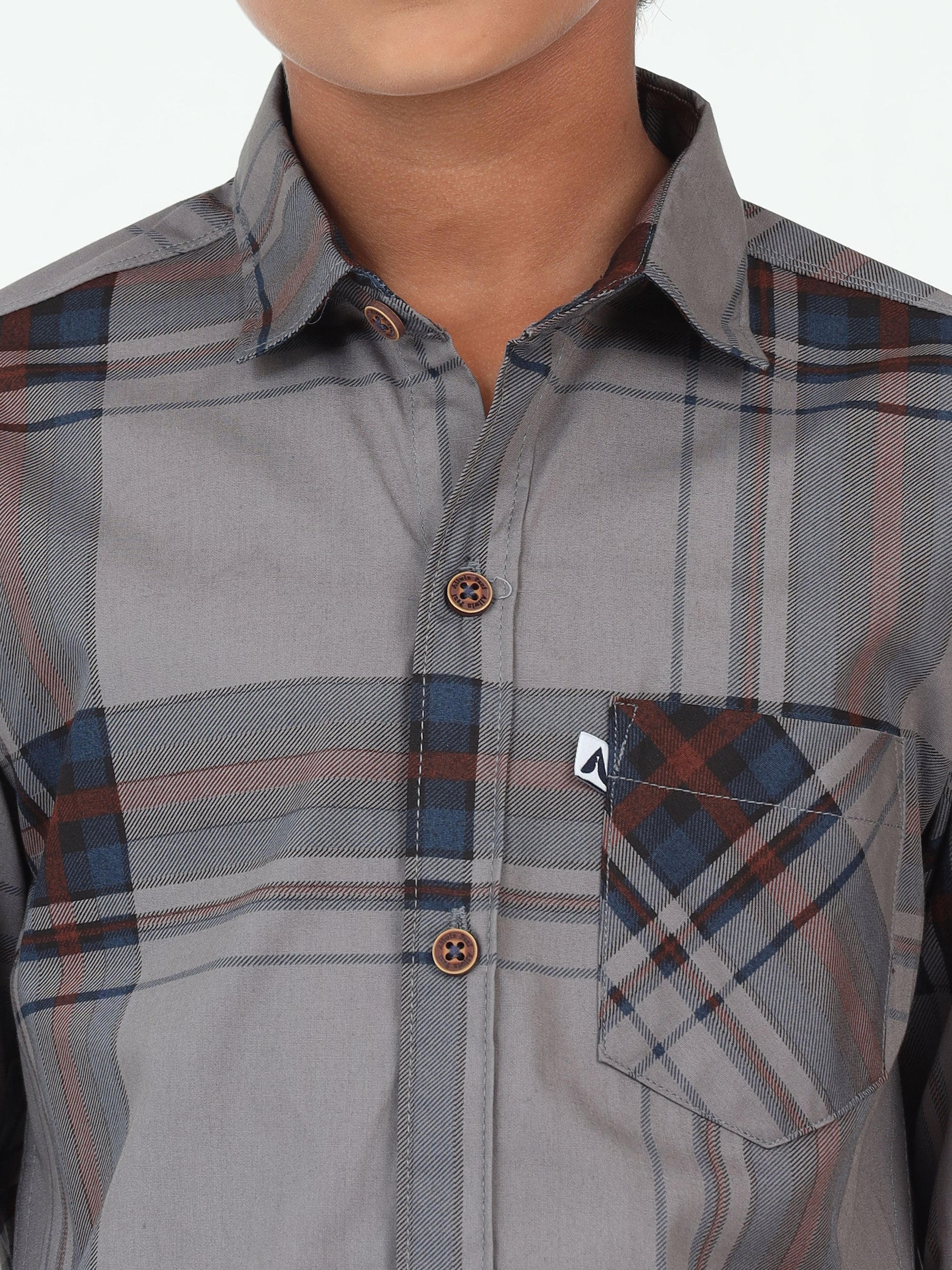 Grey Broadchecks Cotton Blend Boy Shirt Style