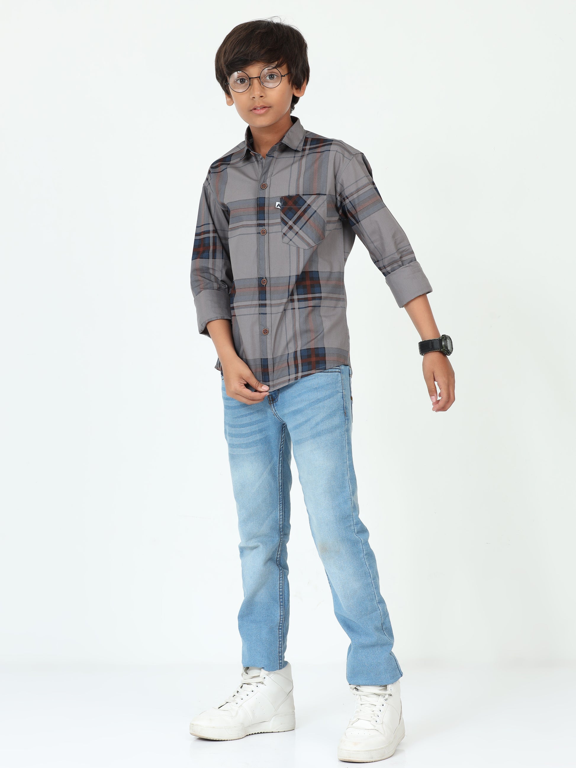 Grey Broadchecks Cotton Blend Boy Shirt Style