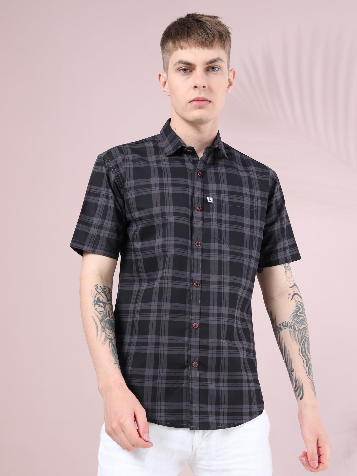Modern Regular fit black checked half sleeve shirt for men, button-down design.