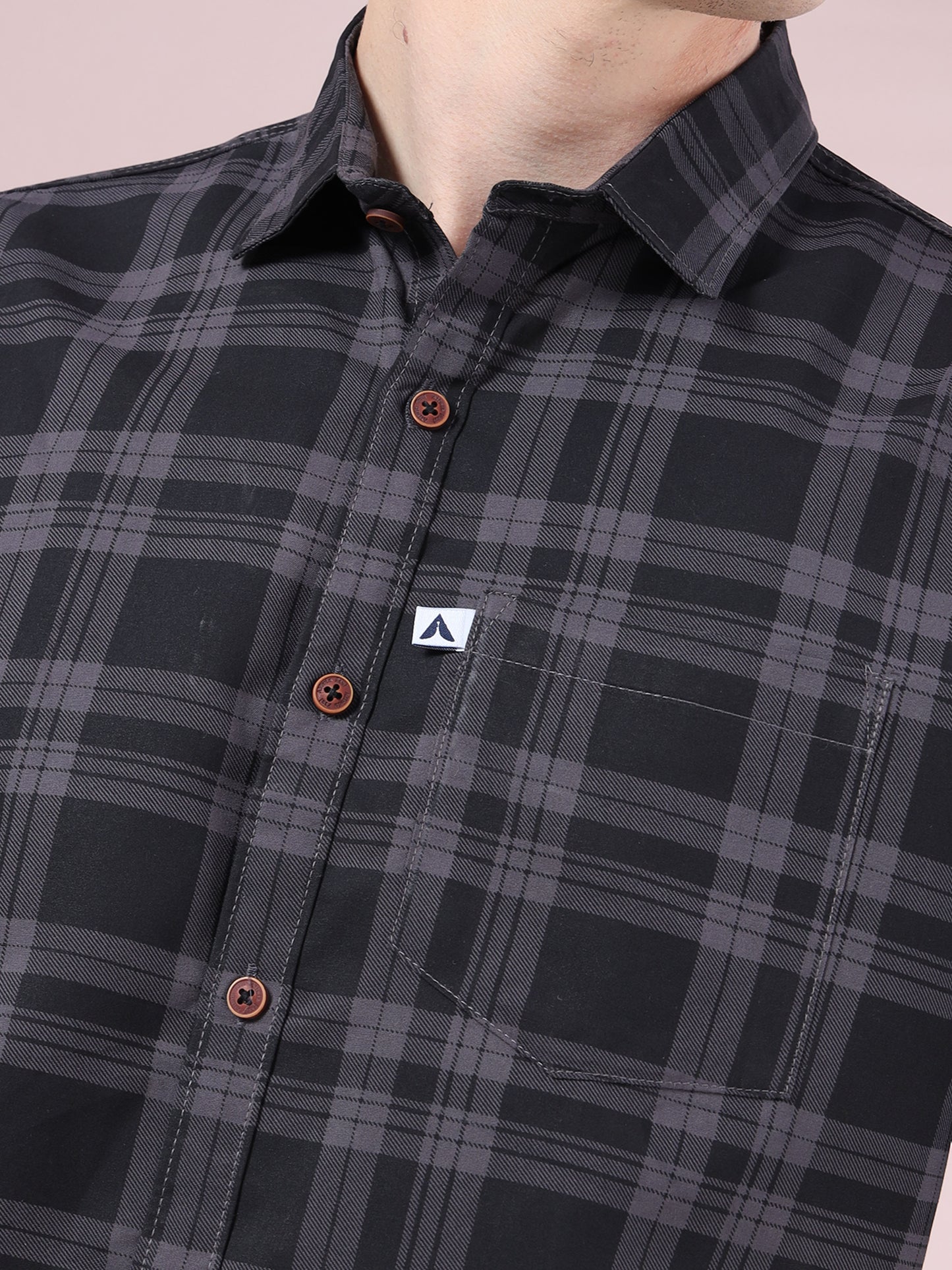 Black and grey check men, shirt with chest pocket detail, premium casual style
