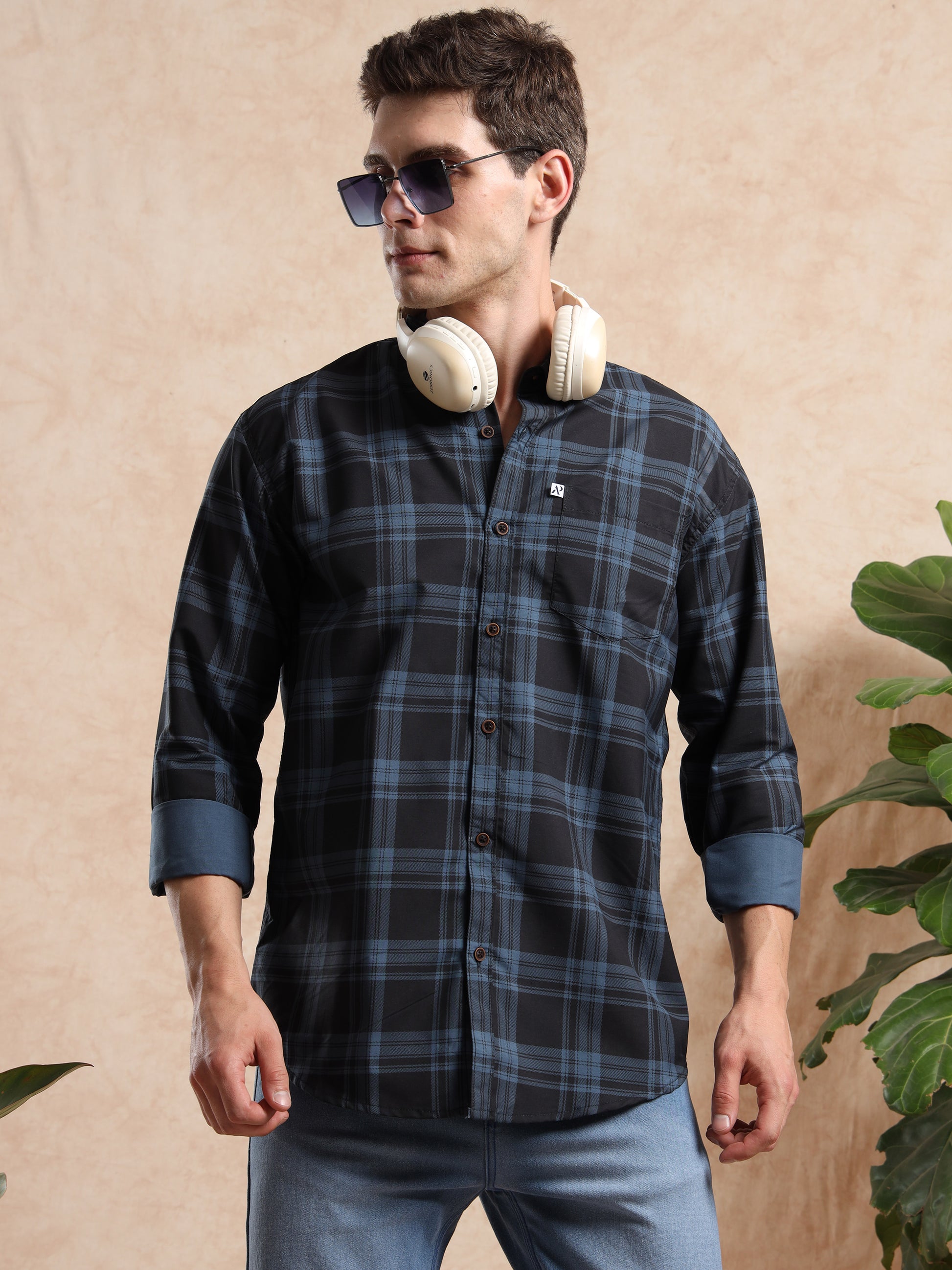 Men, Black & Blue Checked Shirt