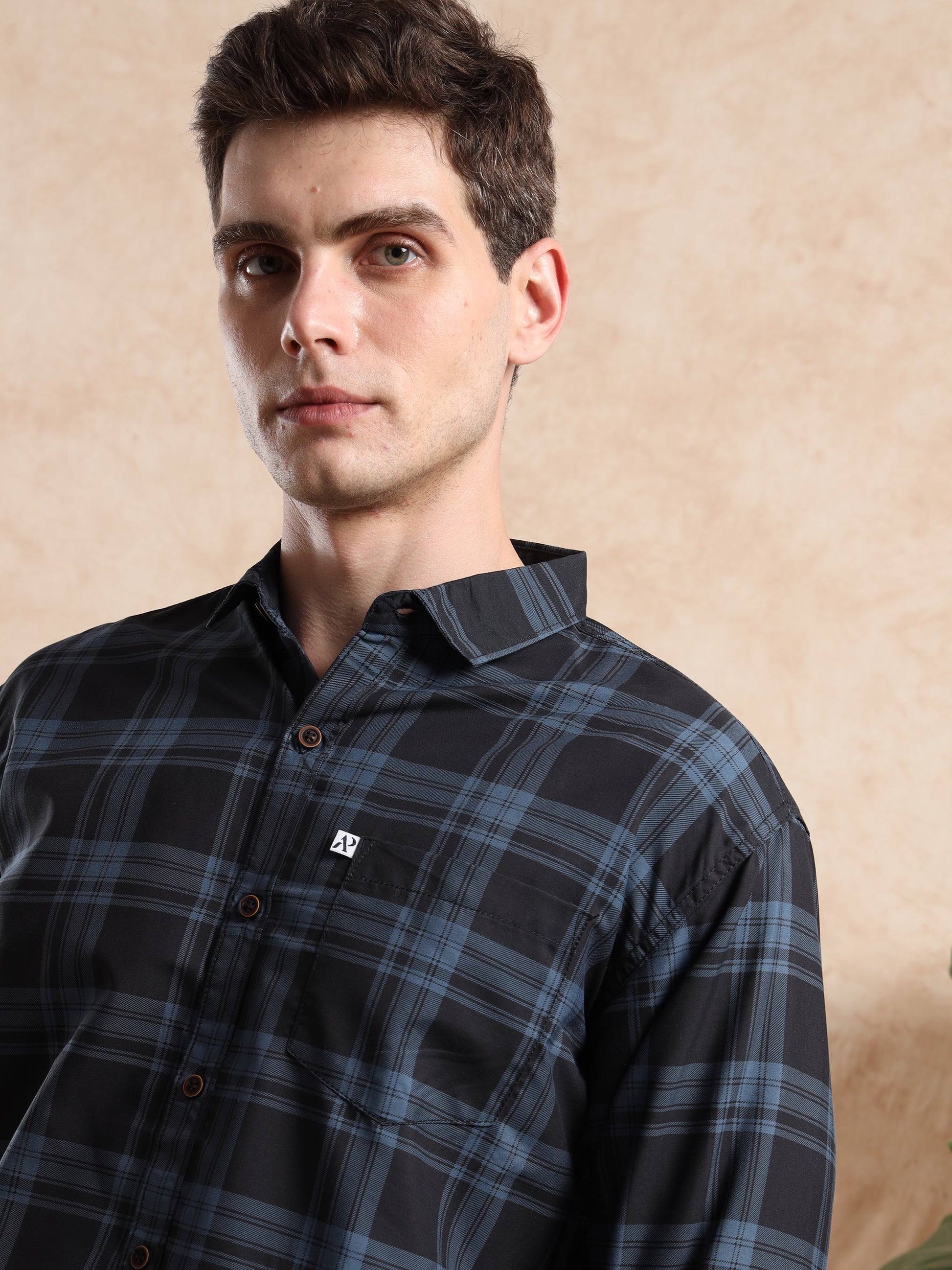 Men, Black & Blue Checked Shirt