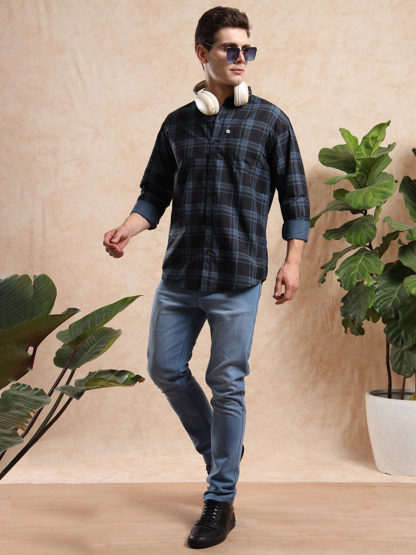 Men, Black & Blue Checked Shirt with Light Blue Jeans and Sneakers