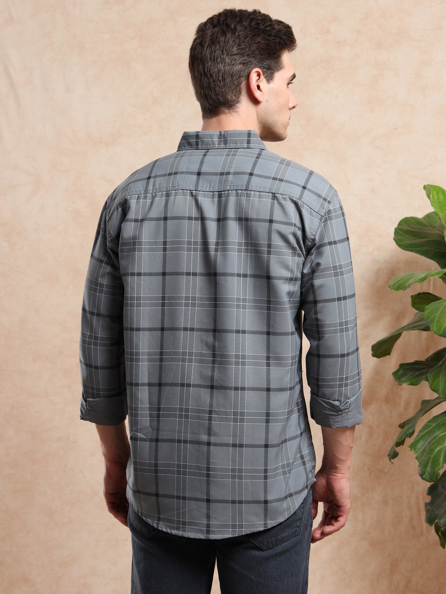 grey checked shirt highlighting overall pattern