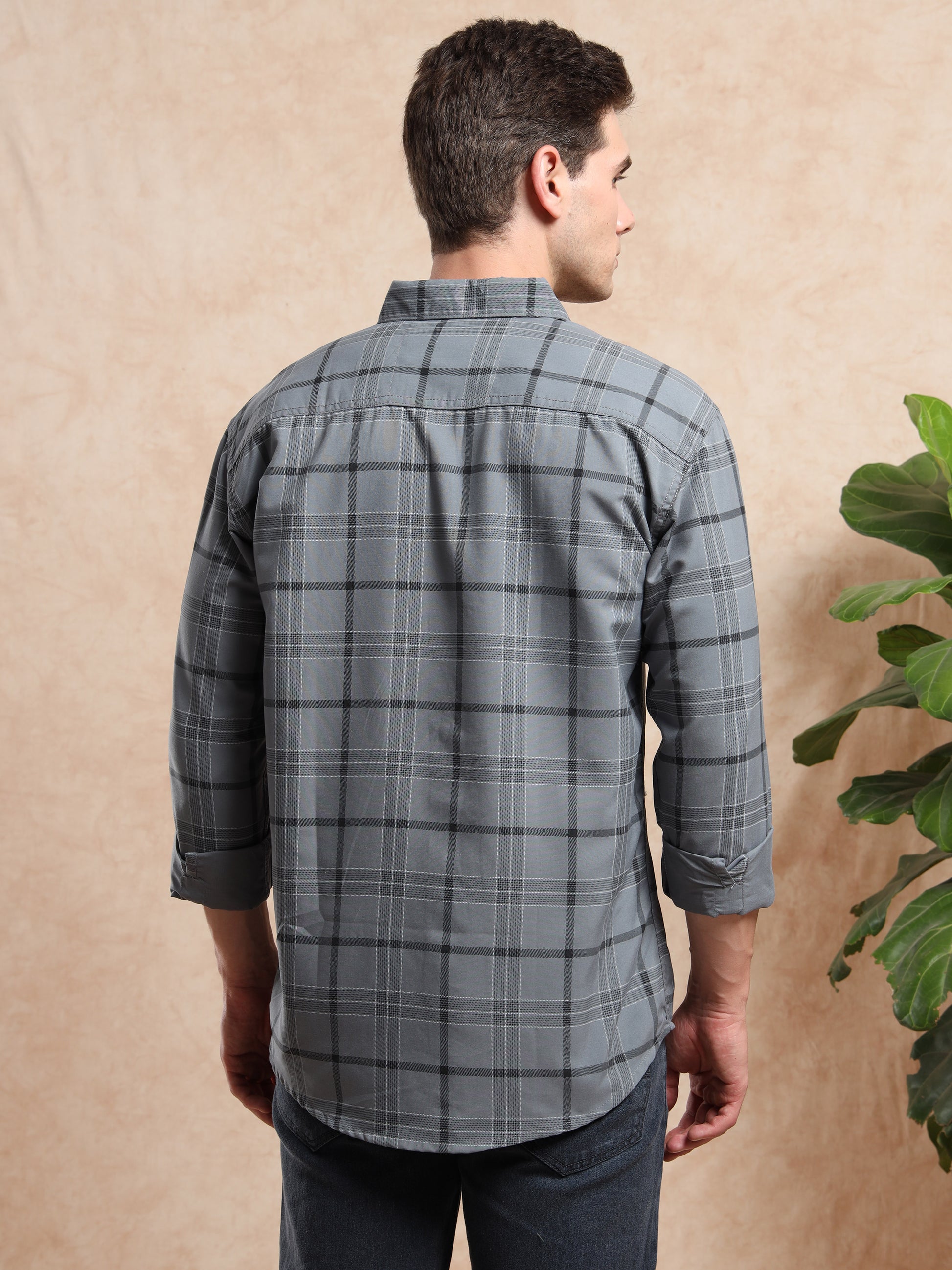 grey checked shirt highlighting overall pattern