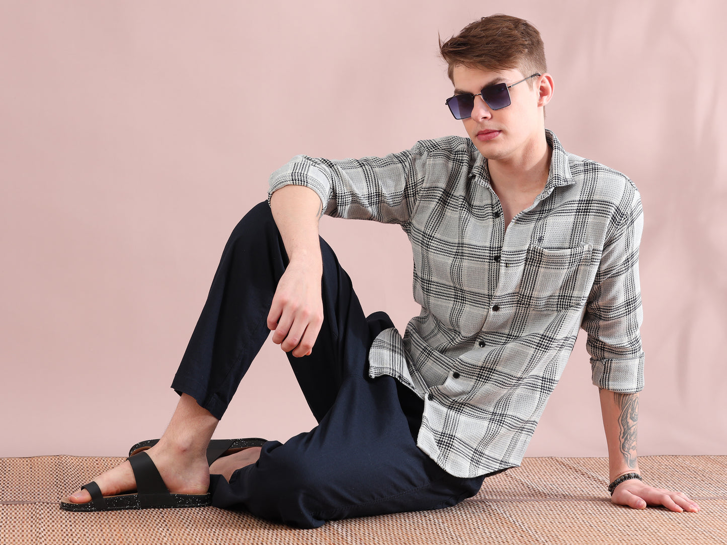 Men's full sleeve grey check shirt with classic plaid pattern and clean background